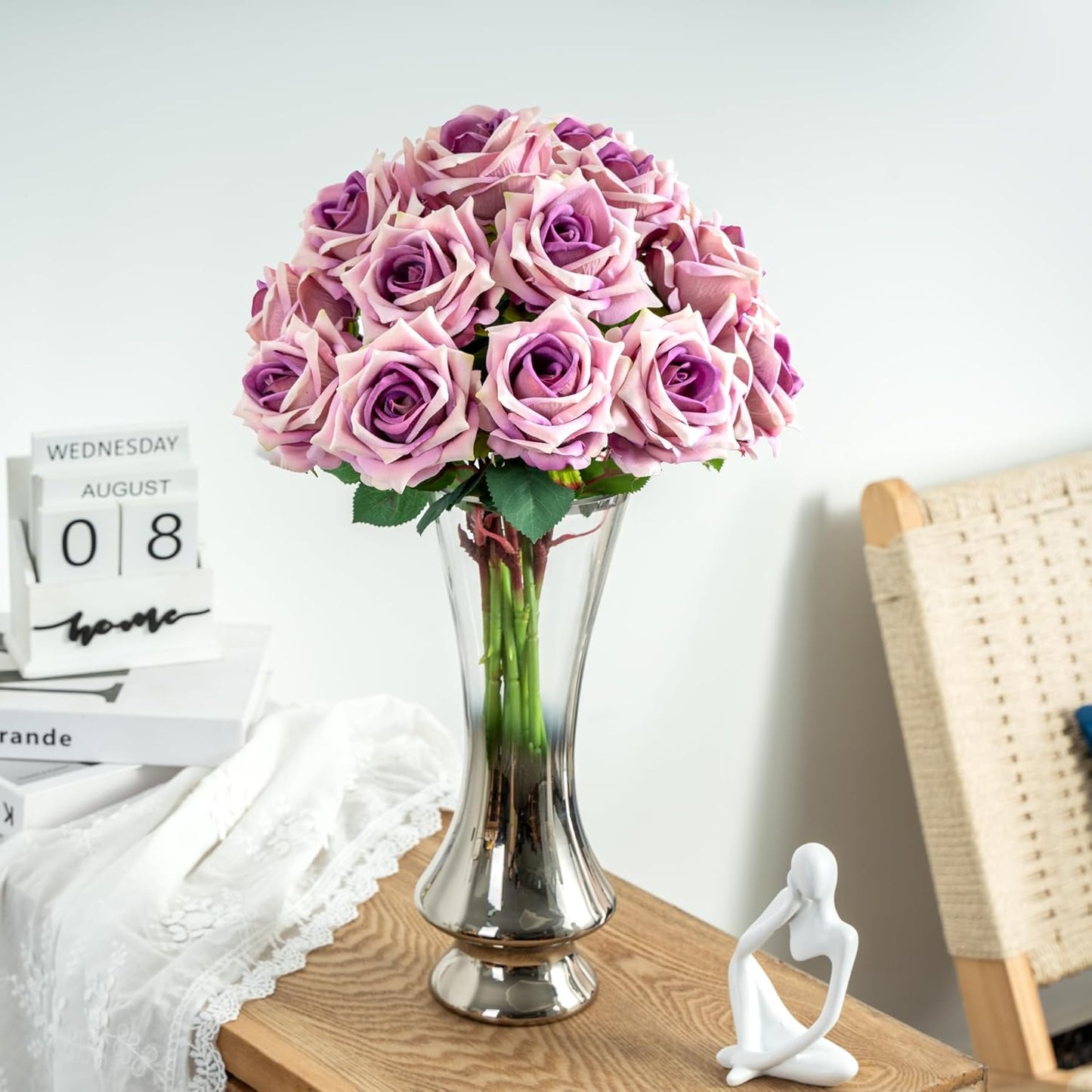 Fake Roses Faux Flowers Silk Roses Artificial Roses with Stems Realistic Artificial Flowers 12PCS Suitable for Indoor Home Decoration DIY Bouquet Wedding Decor Party Decor Purple,16.5In