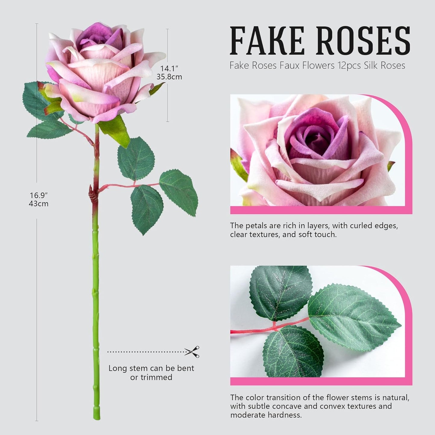 Fake Roses Faux Flowers Silk Roses Artificial Roses with Stems Realistic Artificial Flowers 12PCS Suitable for Indoor Home Decoration DIY Bouquet Wedding Decor Party Decor Purple,16.5In