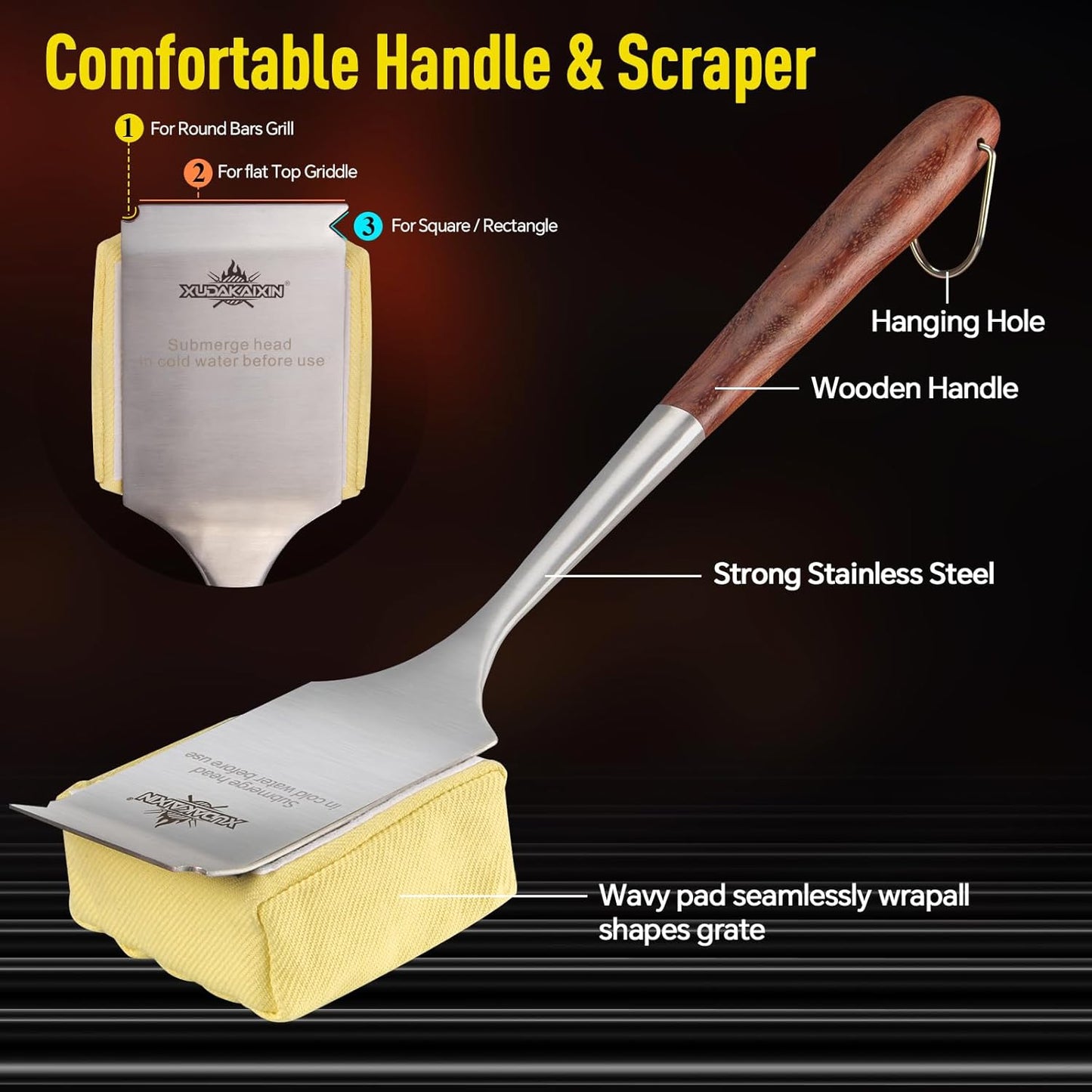 Bristle-Free Steam Grill Brush,with Extended Luxurious Rosewood Handle,Unique Seamless-Fit Scraper Tool,BBQ Replaceable Cleaning Head,Grill Cleaner for Outdoor Grill,Gifts for Men/Dad ﻿