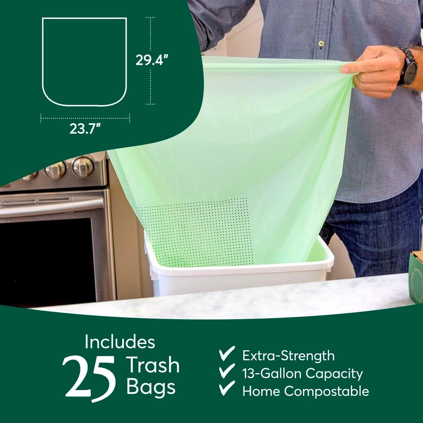 Cleanomic Compostable* 13 Gallon Trash Bags with Drawstring (3 Pack, 75 Count), BPI Certified For Kitchen Compost