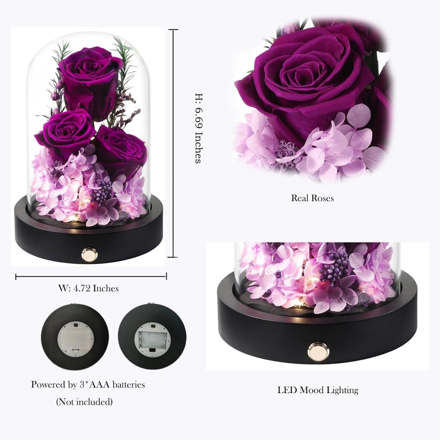 Flowers Roses Gifts for Mom, Purple Preserved Roses in Glass Dome, Mothers Day Valentines Day Anniversary Birthday Flowers Gifts for Wife Girlfriend Women Mom Her Mother