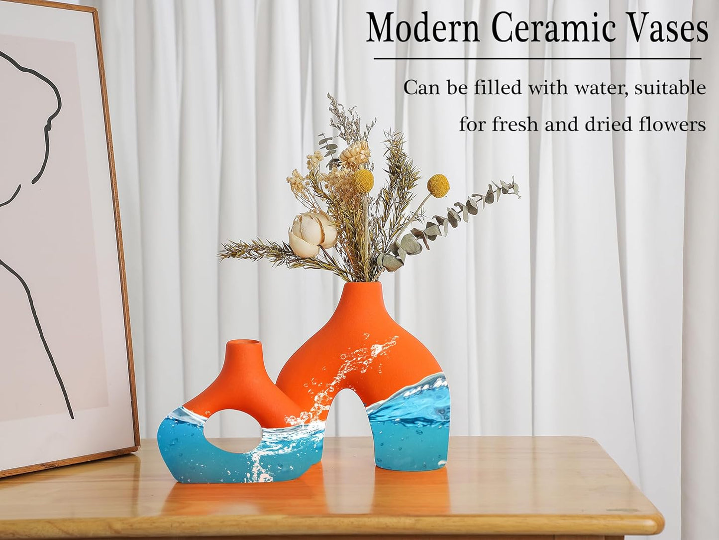 CEMABT Orange Ceramic Vase Set of 2 for Modern Minimalist Bohemian Decor，Round Matte Donut Vases for Pampas Grass-Perfect for Living Room, Dining Table, Office Bedroom Shelf Decor Entryway, Console