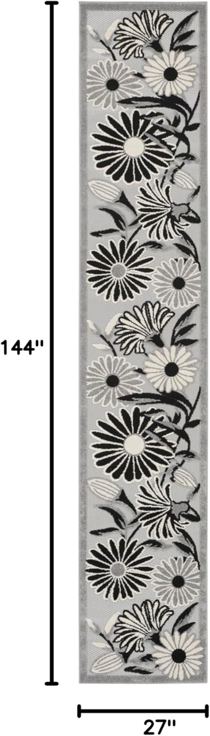 Nourison Home Aloha Black White 2'3" x 12' Area Rug, Easy Clean, Non Shedding, Bed Room, Living Room, Dining Room, Kitchen (12' Runner)