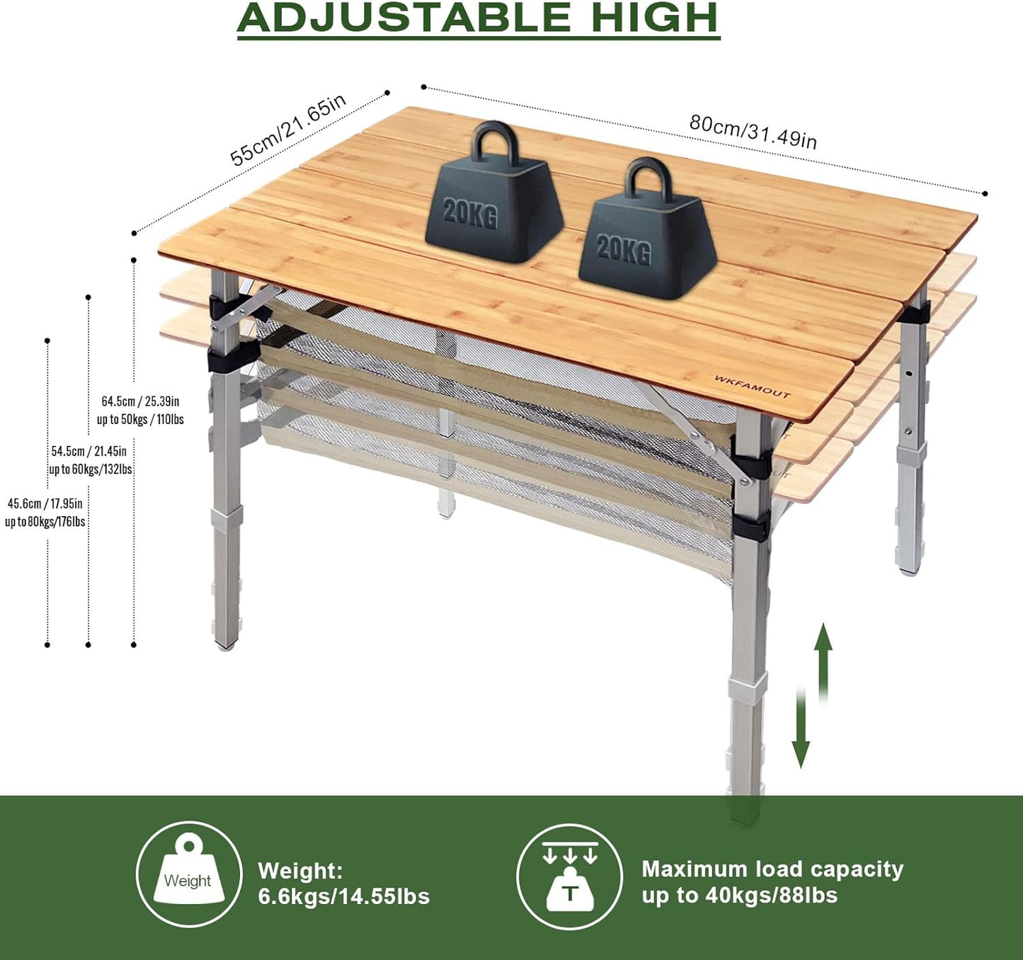 Bamboo Folding Camping Table 4 Folds with Adjustable Aluminum Legs Portable Picnic Table with Storage and Carry Bag for Outdoor Hiking Beach 2-4 Person