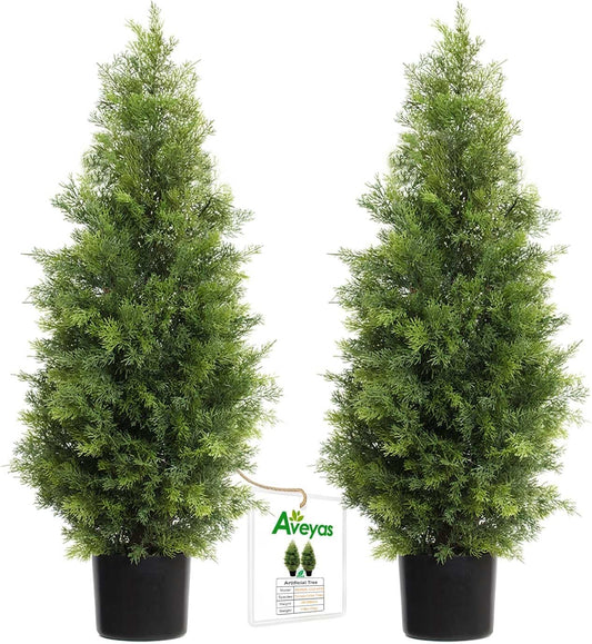 Aveyas 3ft Artificial Cedar Topiary Trees for Outdoor Front Porch Door, 3 Feet Faux Potted Plants Evergreen Fake Pine Cypress Tree for Outside Home Decor (3 ft Tall) - Set of 2 Pack