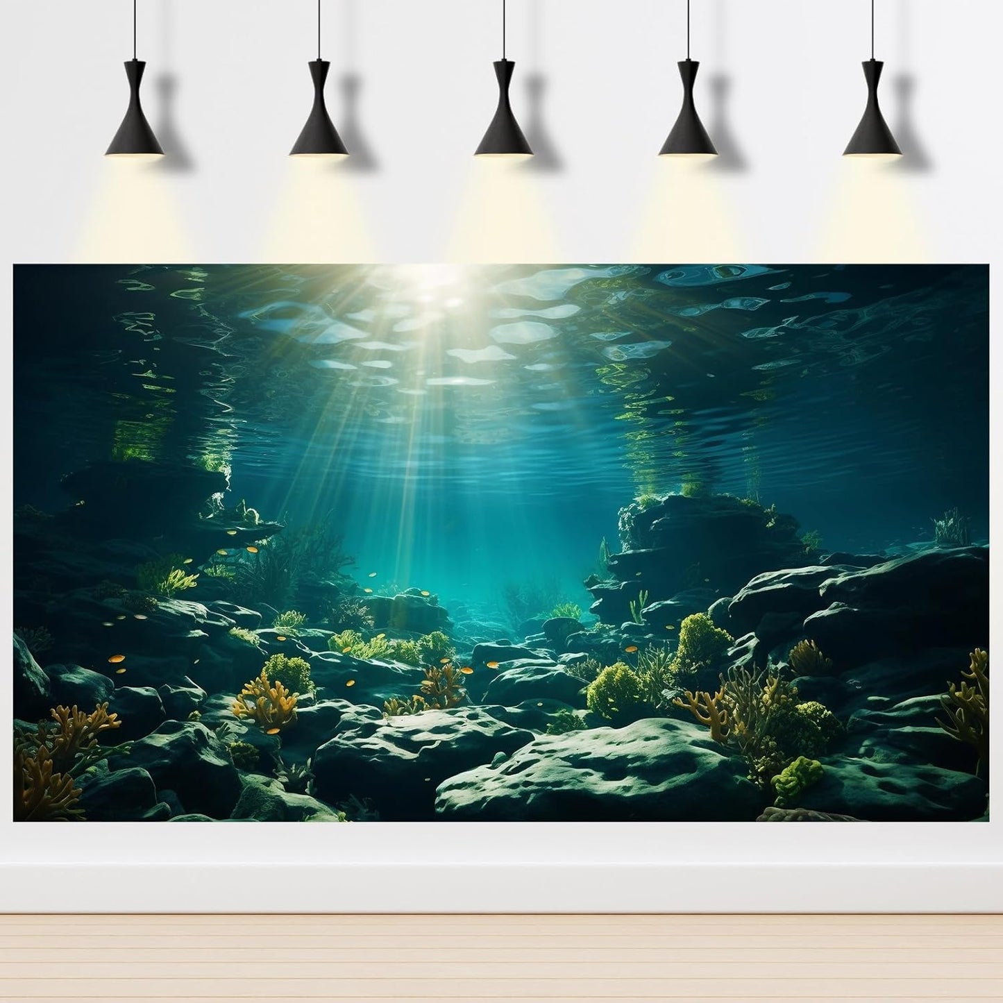 Aquarium Background Underwater Aquatic Plants Rocks Fish Terrarium Backdrop Sunlight Rays Coral Fish Tank Background Cave Style Landscape Sea Grass Tank Wallpaper Poster Vinyl 30x12in