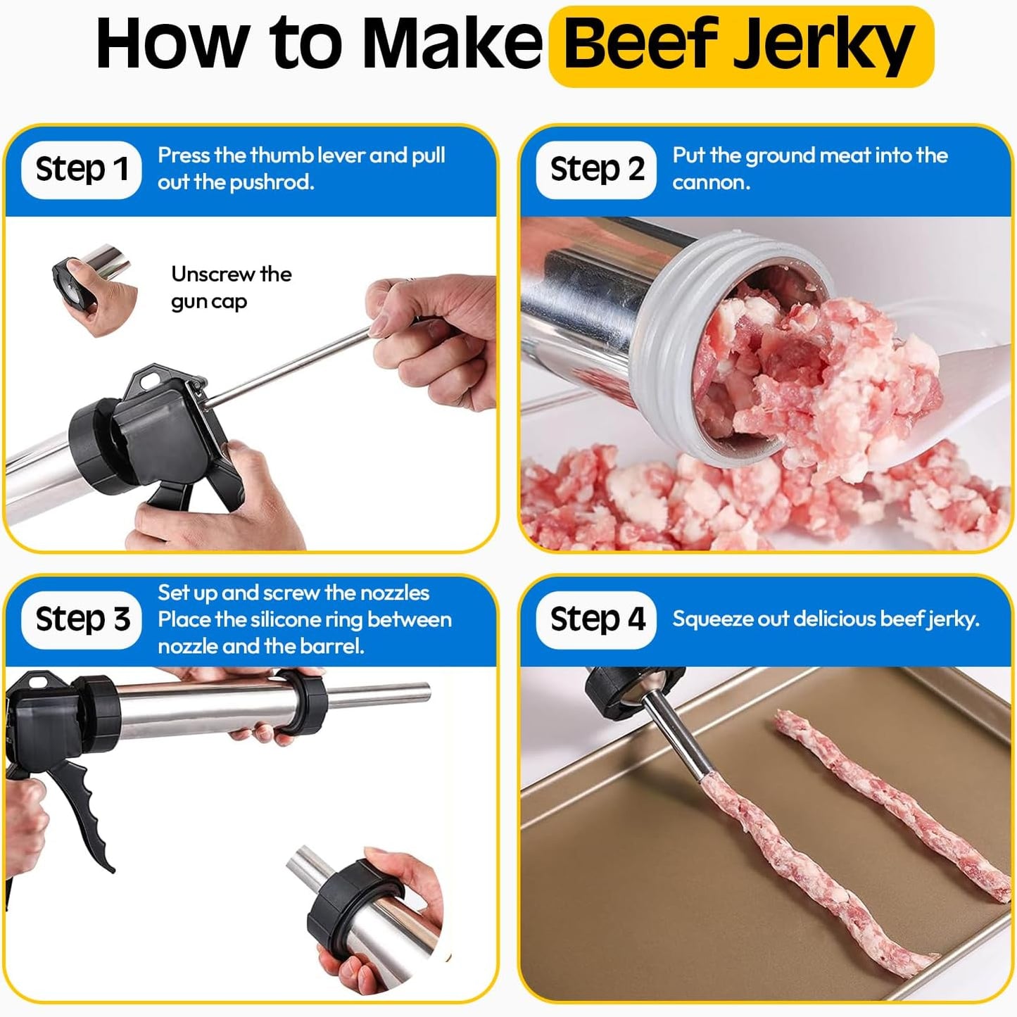 Professional Jerky Gun Kit – Stainless Steel Beef Meat Maker Machine with 5 Nozzles, 1 Meat Pusher, 5 Cleaning Brushes (2 Sets), Sausage Shooter Accessories & Bonus Pair of Gloves