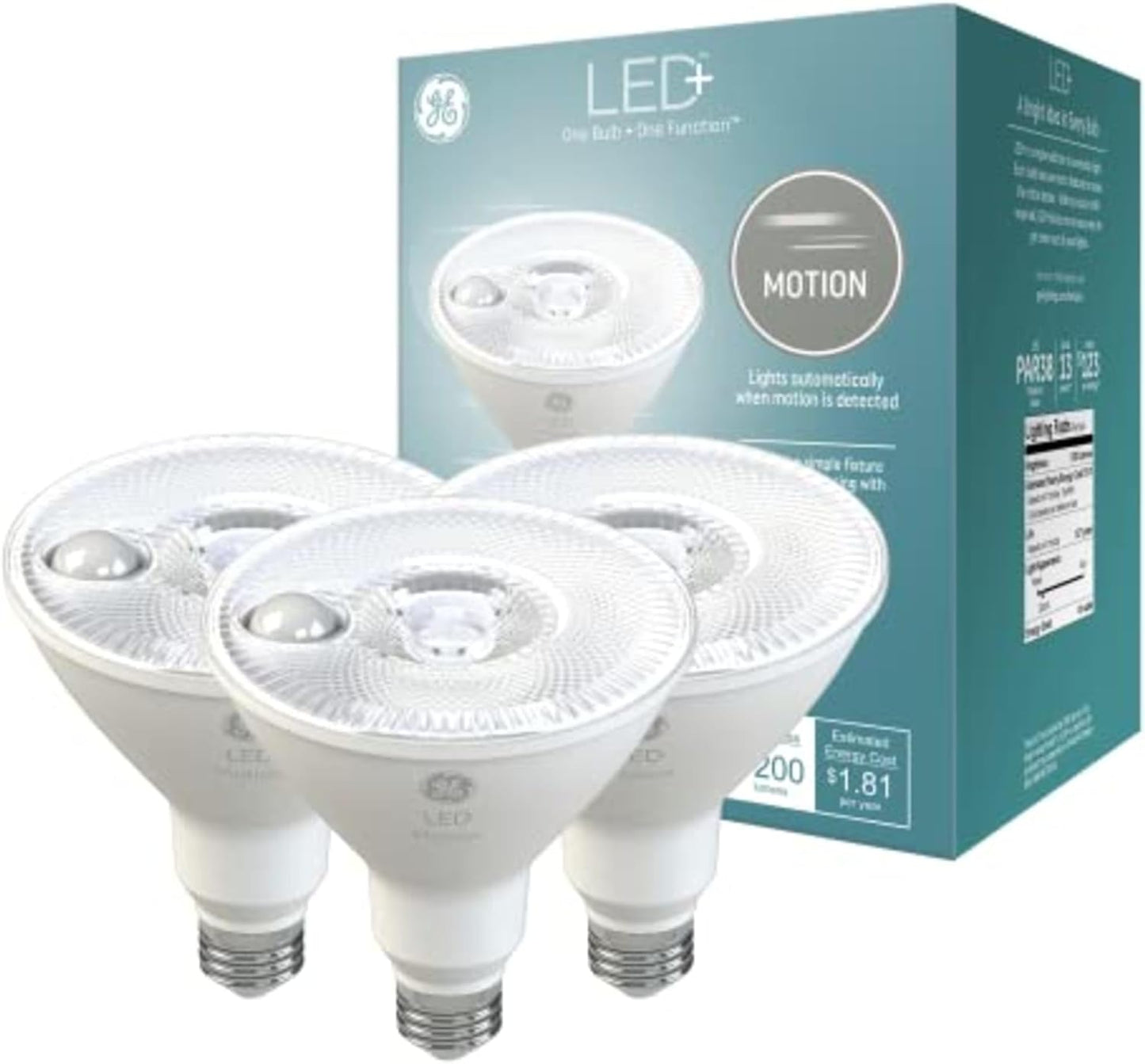 GE LED+ Motion LED Light Bulbs, PAR38 Outdoor Security Floodlights, 15W, Warm White (3 Pack)