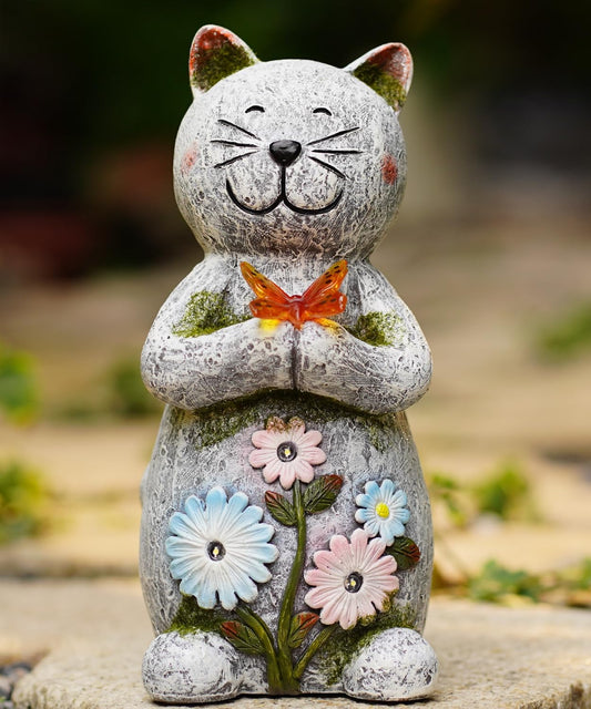 Solar Garden Statue Cat Figurine – Outdoor Decoration with Butterfly for Garden Yard Lawn Home Decor Outside : Unique Gifts for Mom Grandma