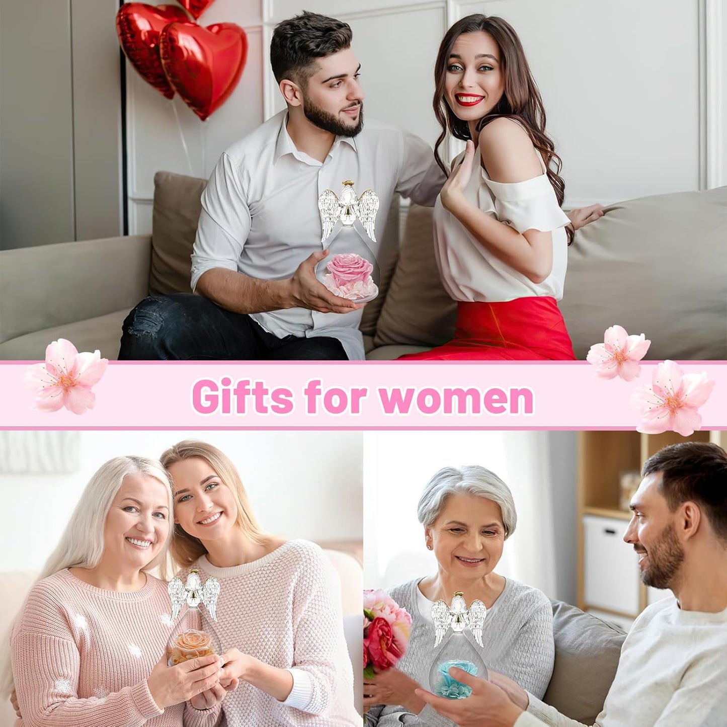 Yamonic Mom Birthday Gifts for Mom, Angel Figurines with Real Rose Gifts for Her Women Grandma, Preserved Flowers Rose Angel Figurines for Mothers Day Christmas Anniversary Birthday Gifts for Wife
