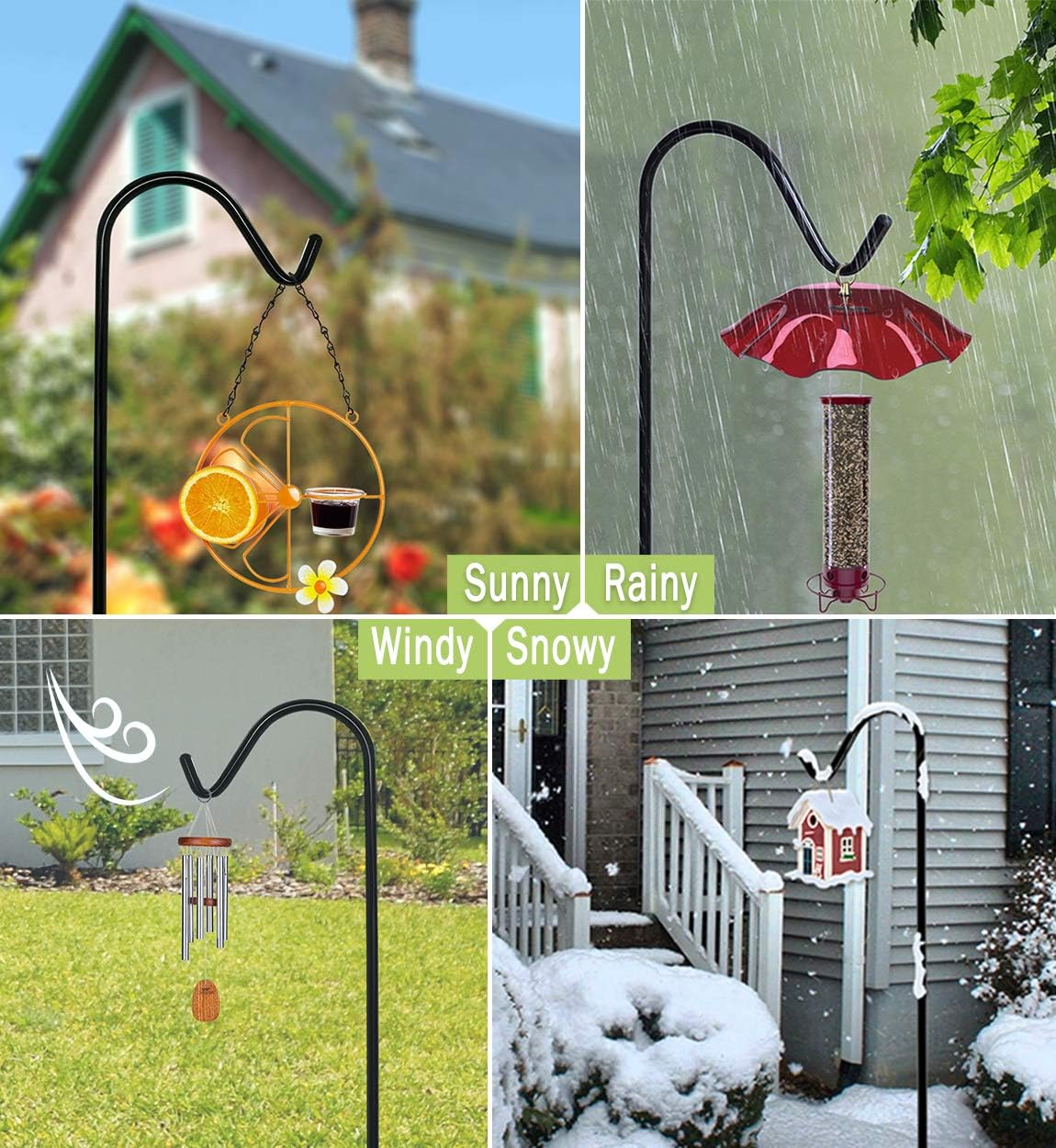 Garbuildman 60 Inch Tall Shepherd Hooks with 5-Forked Base, Adjustable Heavy Duty Bird Feeder Pole Stand Hanger for Outdoor, Shiny Black, 2 Pack