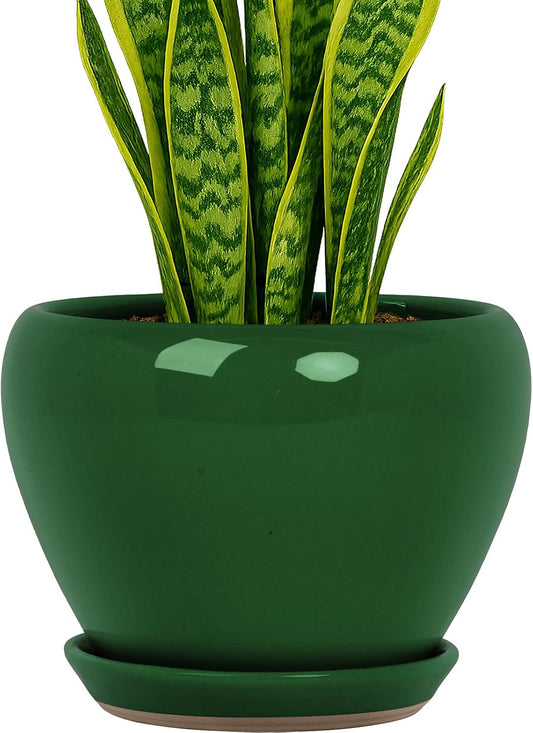 Deep Dream 8 Inch Plant Pots- Ceramic Pots for Plants with Drainage Hole and Saucer, Large Planter Pot for Indoor Plants Outdoor Decor, Green