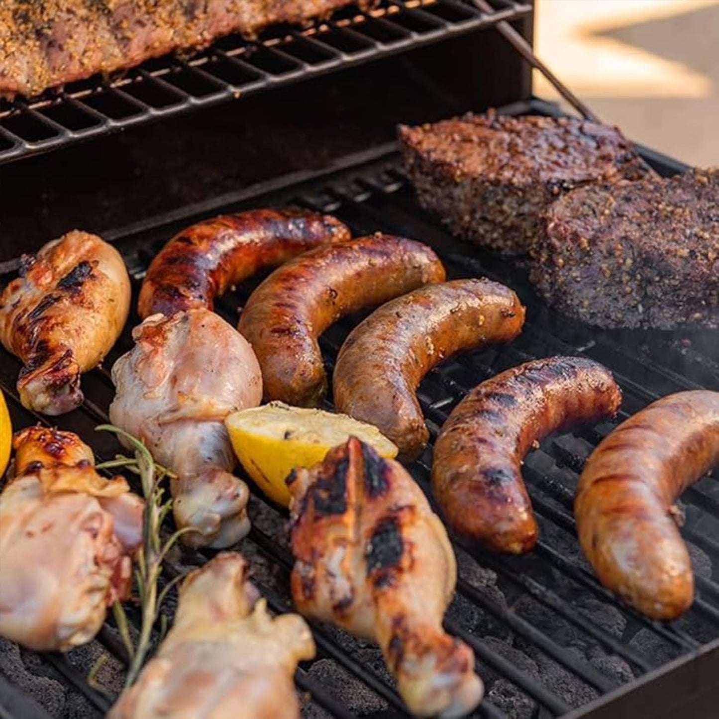 Barrel Charcoal Grill with offset smoker, 714 Square Inches Cooking Area, Outdoor BBQ Grill with Front and Side Shelf, Perfect for Backyard, Patio Parties and Picnics