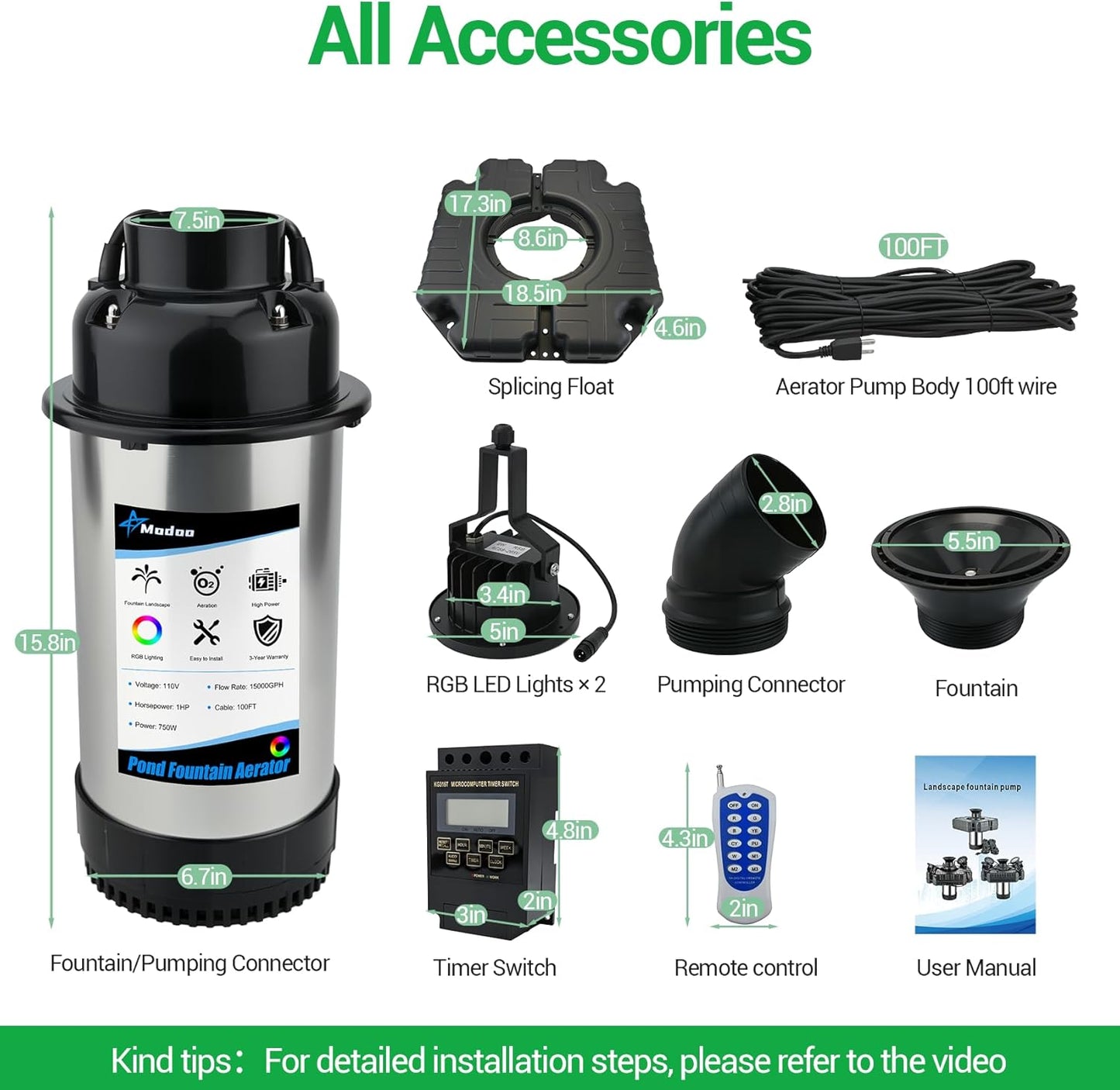 Pond Fountain Aerator with Lights RGB LED, 1HP 750W Floating Fountain System for Outdoor Lake Pond, 110V 15000 GPH Fully Automatic Stainless Steel Fountain Pump with 2 LED Lights 100 Feet Power Cord