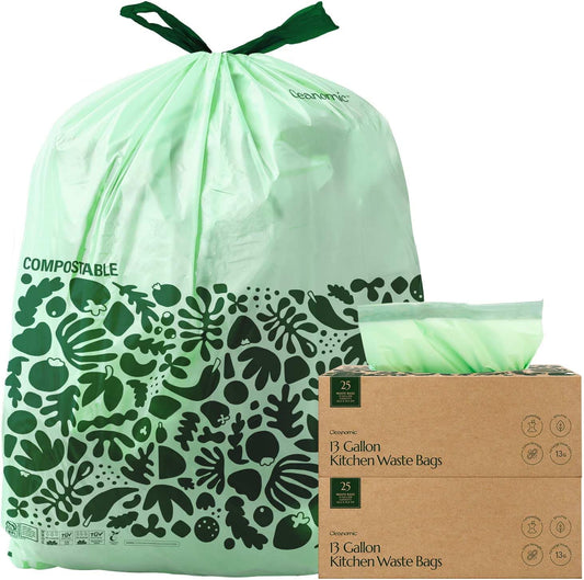 Cleanomic Compostable* 13 Gallon Trash Bags with Drawstring (2 Pack, 50 Count), BPI Certified For Kitchen Compost