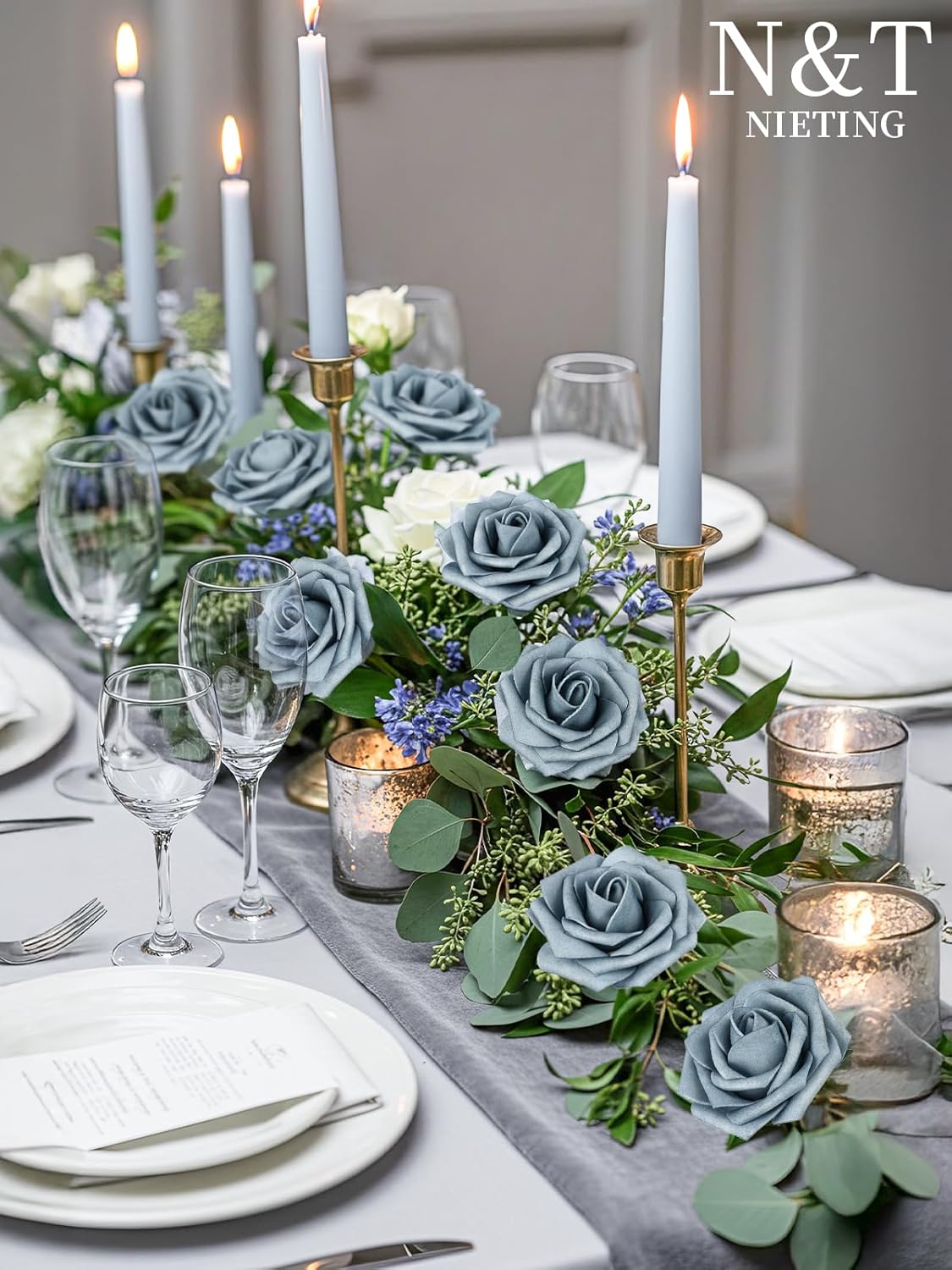 N&T NIETING Artificial Flowers, 50pcs Foam Roses Fake Flowers DIY Wedding Party Cake Decoration, Home Display, Dusty Blue Gray