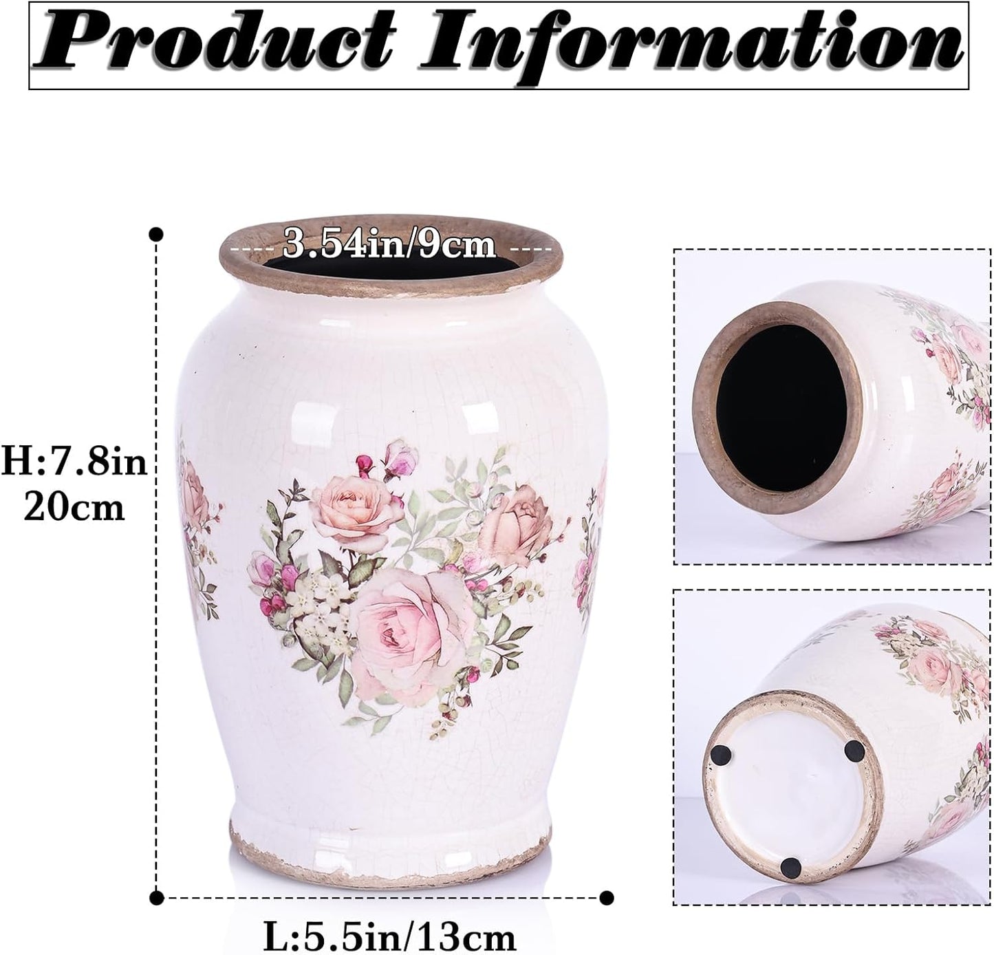 Vintage Vase for Flowers,Pink Chinoiserie Ceramic Vase,Rustic Farmhouse Cracked Vases,for Flower Arrangement,Living Room, Office, Shelf, Fireplace Tables,Centerpieces,Chinoiserie Pottery Decor(A)