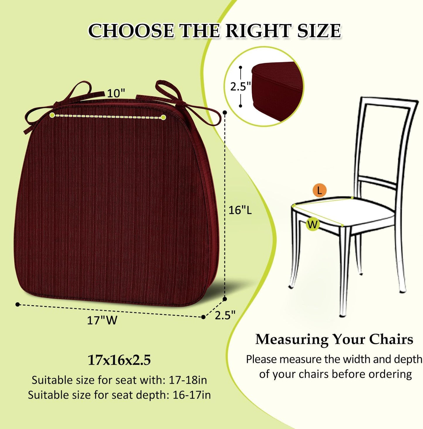 Chair Cushions for Dining Chairs, Indoor Chair Cushions with Ties，Waterproof Chair Pads Set of 6, Burgundy, 17x16x2.5 Inch