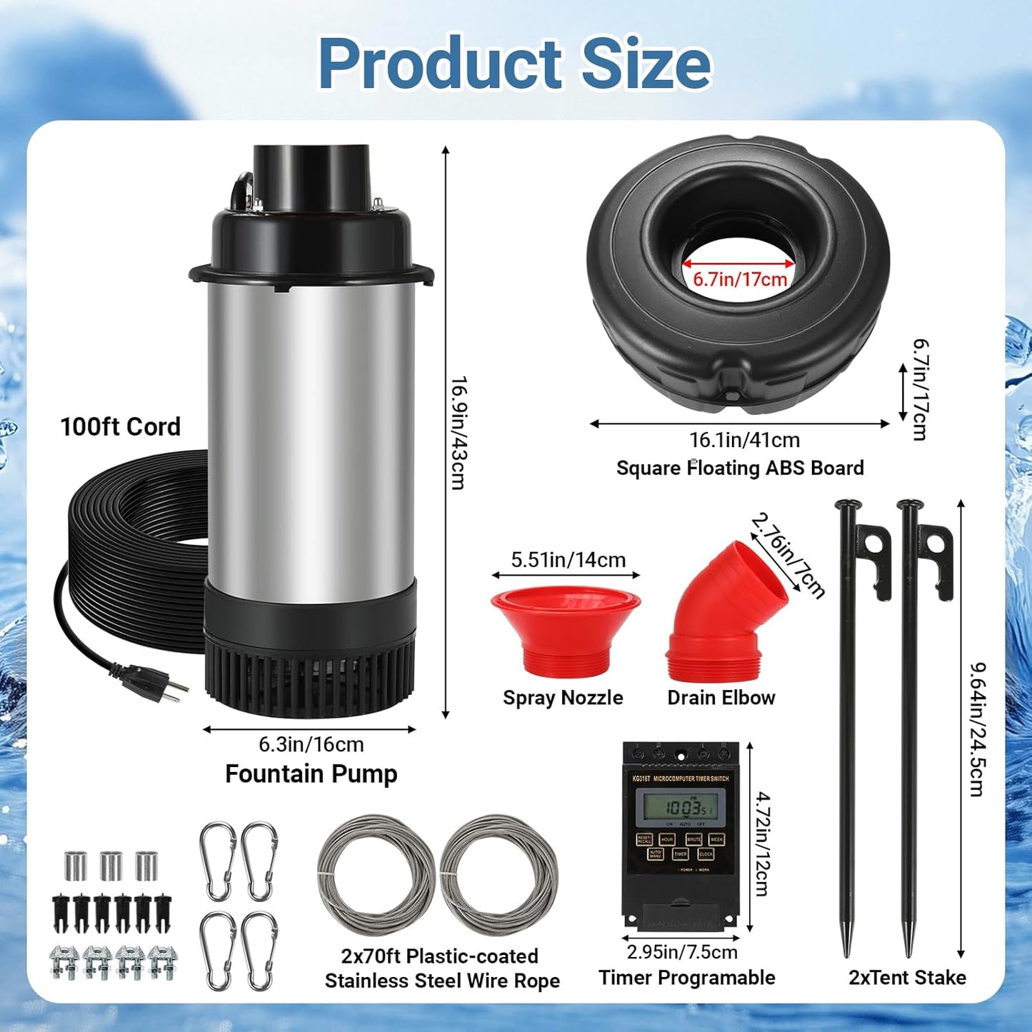 Floating Pond Fountain Aerator, 15AWG 100FT Power Cord, 1HP 15000 GPH Stainless Steel Large Pump Lake Water Fountains with Timer - 110V 750W