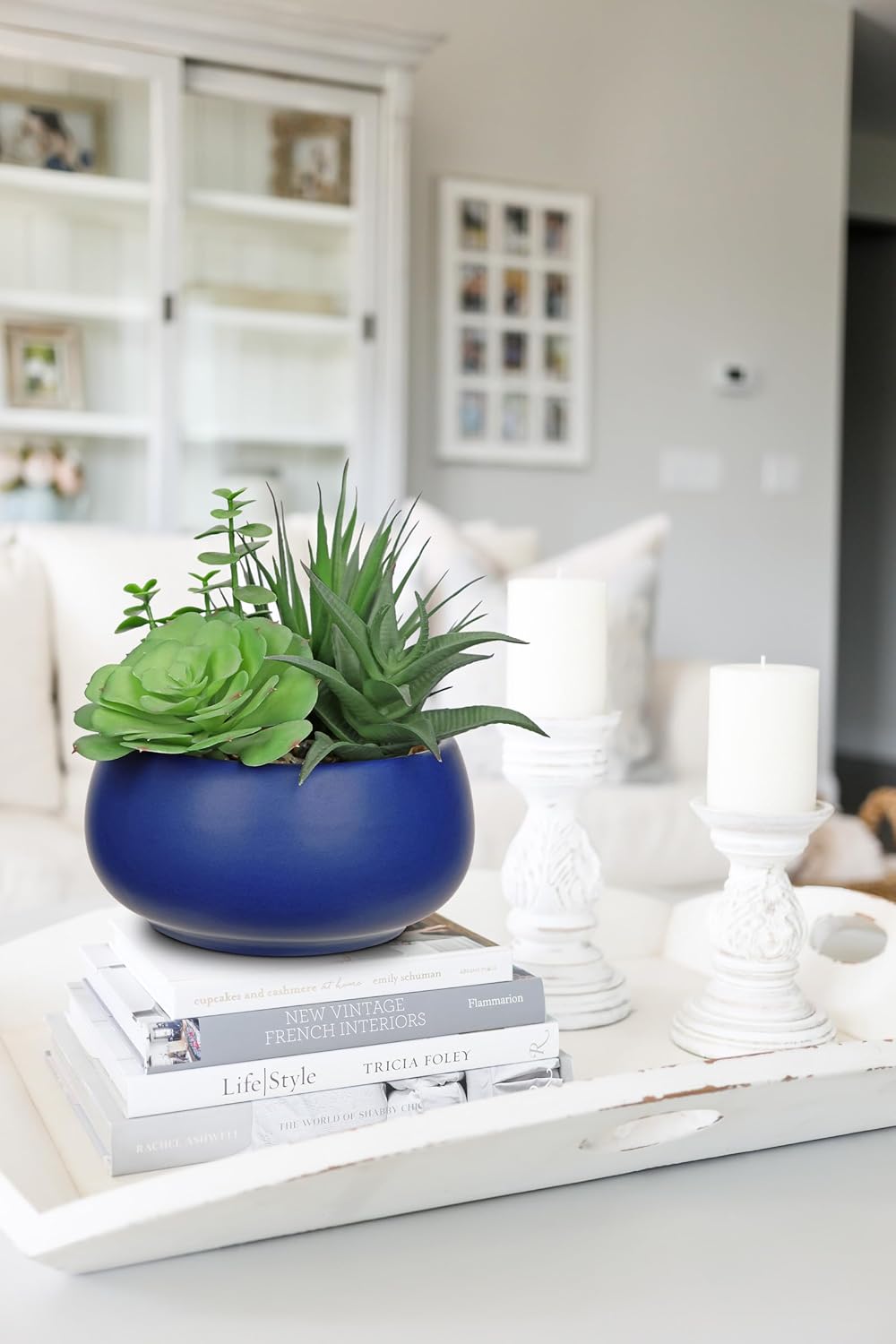 Fake Plants Artificial Succulents in Pots Faux Succulent Arrangement Potted Plant with Blue Ceramic Pot for Home Decor Modern Office Desk Bathroom Shelf Living Room Indoor & Outdoor Decoration