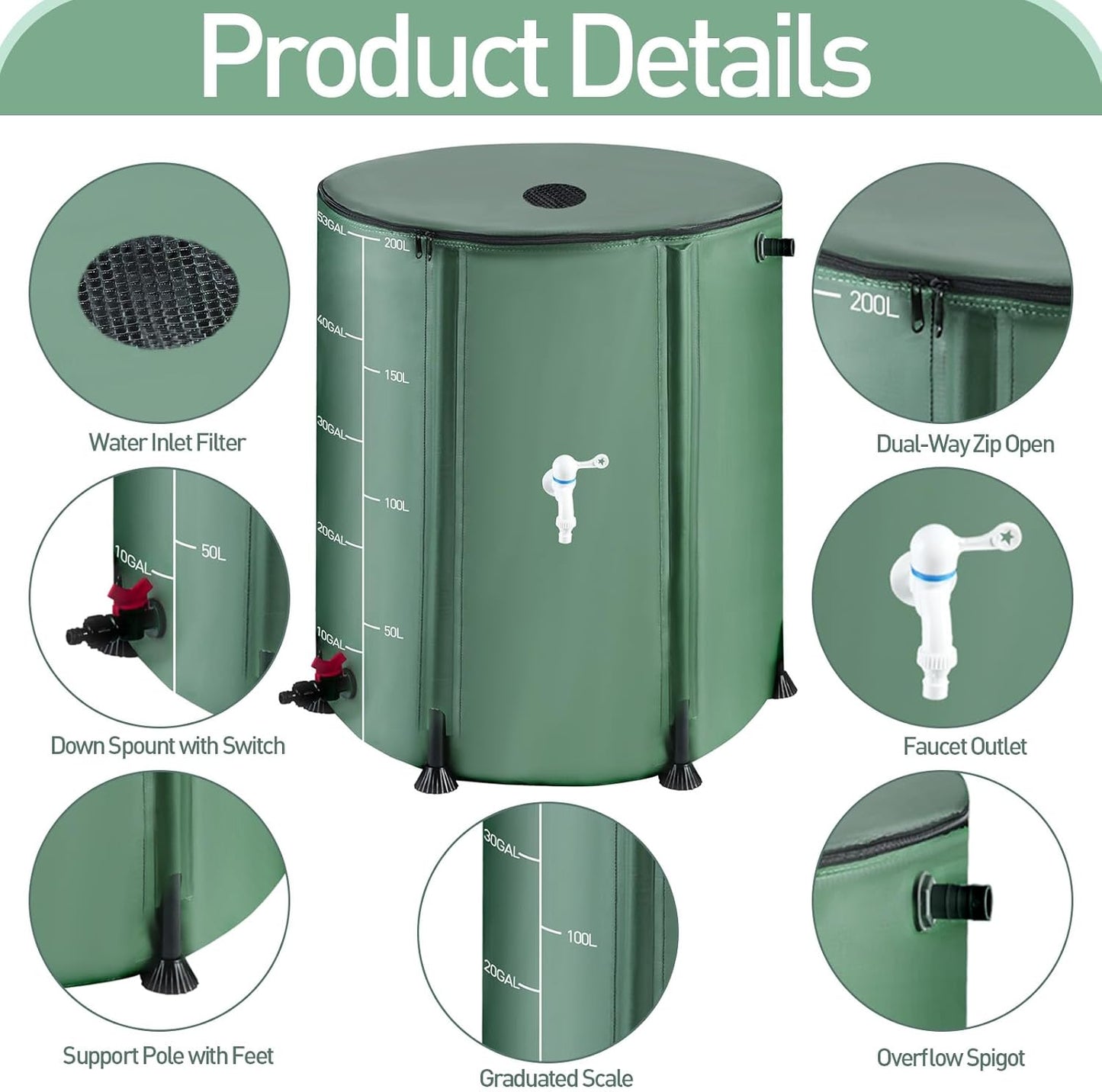 53 Gallon Collapsible Rain Barrel with Zipper Open and 12 Poles, 200L Protable Rainwater Collection System Kit with 1 Spigot and 2 Overflow, 1000D Oxford Rain Catcher Barrel for Outdoor Garden Camping