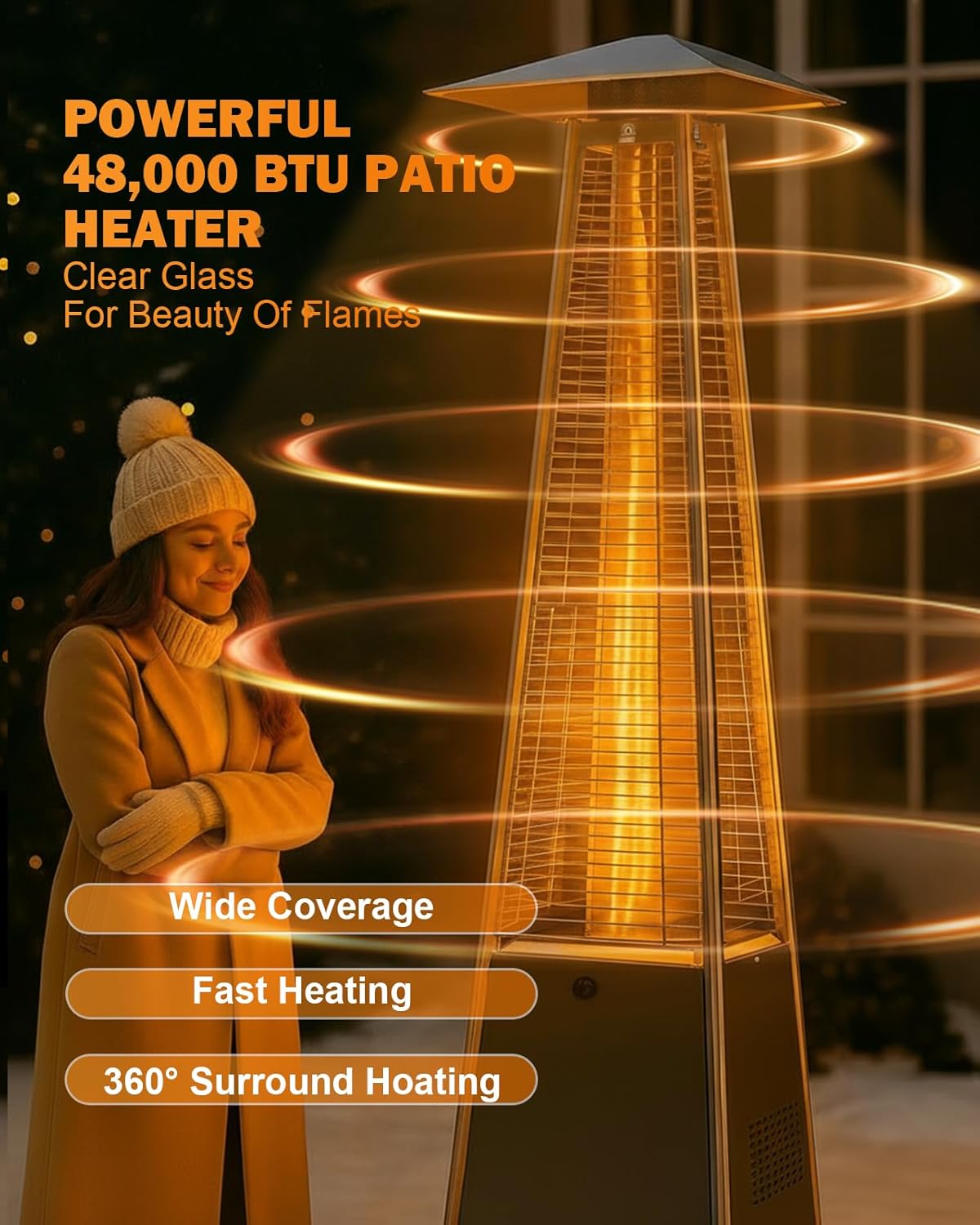 Patio Heater With Glass Tube, 48000 BTU Propane Patio Heaters For Outdoor Use With Cover & Wheels, Commercial Outdoor Heater For Patio Backyard, Multiple Protection System (Gray) (1 heater)