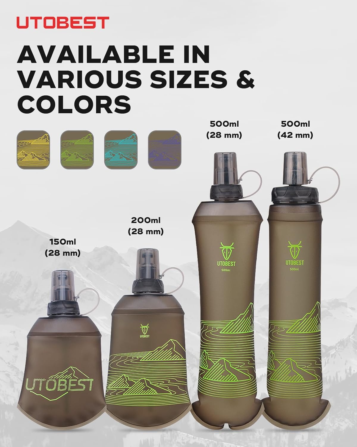 UTOBEST 500ml Soft Flask, 2 Pack Flexible TPU Hydration Water Bottle, Collapsible with 42mm Caliber for Running, Hiking, Cycling, Climbing, and Marathon Green