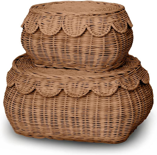 BEBE BASK The Original Scalloped Basket Set Of 2 - Small Scallop Basket - 15 x 10 x 6 In - Hand-Woven & Award-Winning - Elegant Wicker With Scalloped Edge Lid - Nursery Storage - (Mocca)