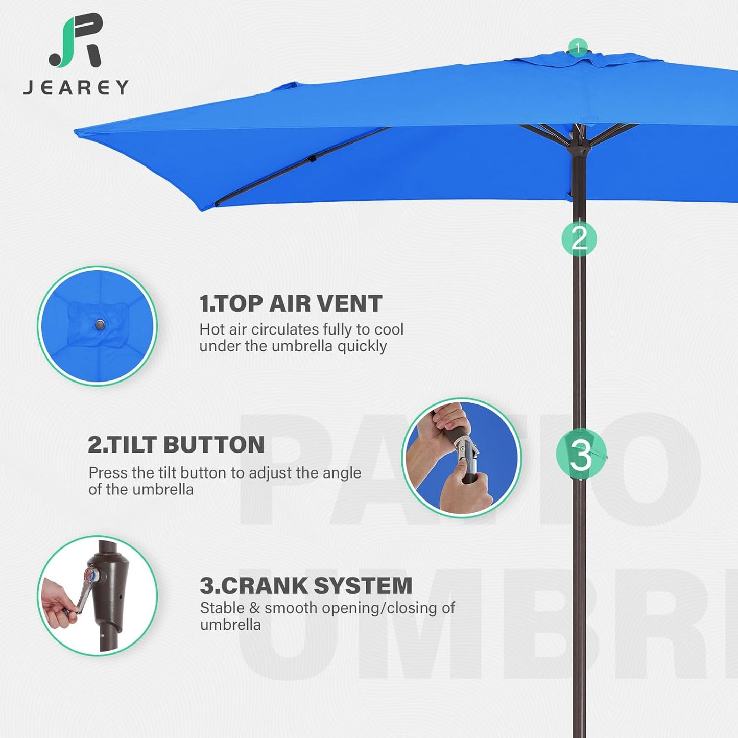 JEAREY 6.5x10 ft Rectangular Patio Umbrellas Outdoor Market Umbrella with Push Button Tilt and Crank, Rectangle Table Umbrella 6 Sturdy Ribs UV Protection for Pool Garden Backyard Deck, Royal Blue