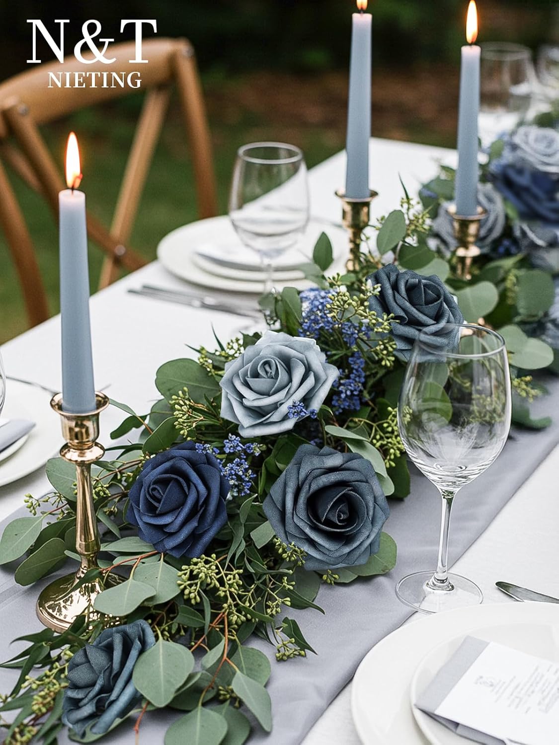 N&T NIETING Fake Roses,25pcs Artificial Flowers Dusty Blue Fake Roses Faux Flowers Fake Flowers for DIY Wedding Bouquets Centerpieces Floral Arrangements Home Decorations Shades of Navy Blue