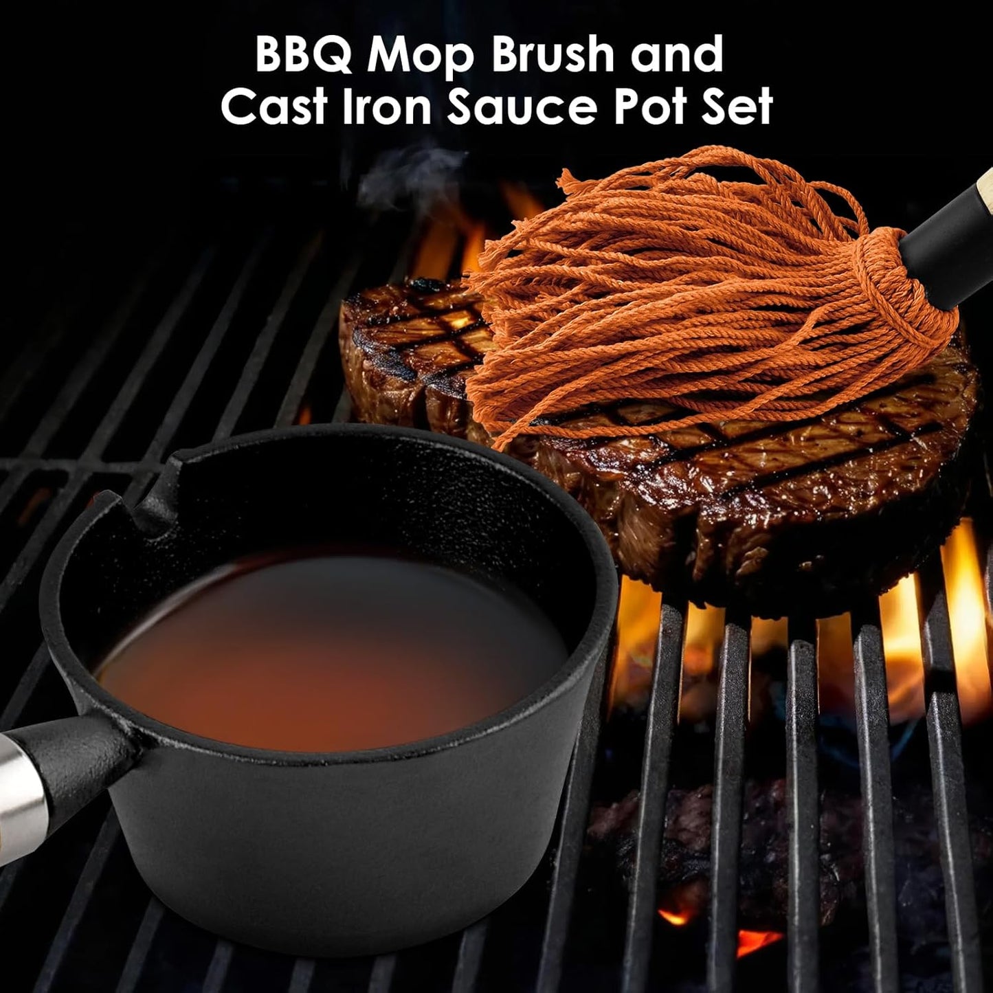 BBQ Mop Brush and Cast Iron Sauce Pot Set, 8Pcs Barbecue Accessories Include Basting Melting Pot, 2 Size Wooden Handle Sauce Mops with 4Pcs Replacements and Oil Brush for Meat Smoker, Grill, Stove