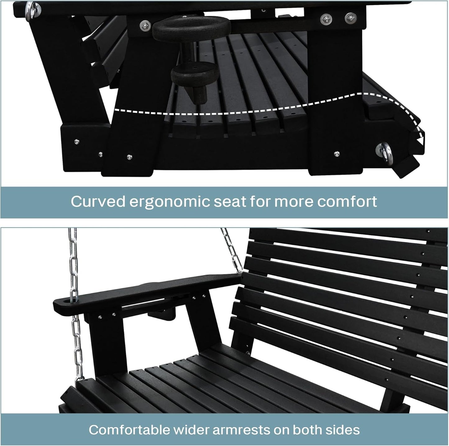 HDPE Porch Swing with 18/8 Stainless Steel Bolts, Ergonomic Design, Ultra Weather-Resistant, Heavy Duty 1200 LBS, for Outdoor Patio Garden Yard (Darknight Black)