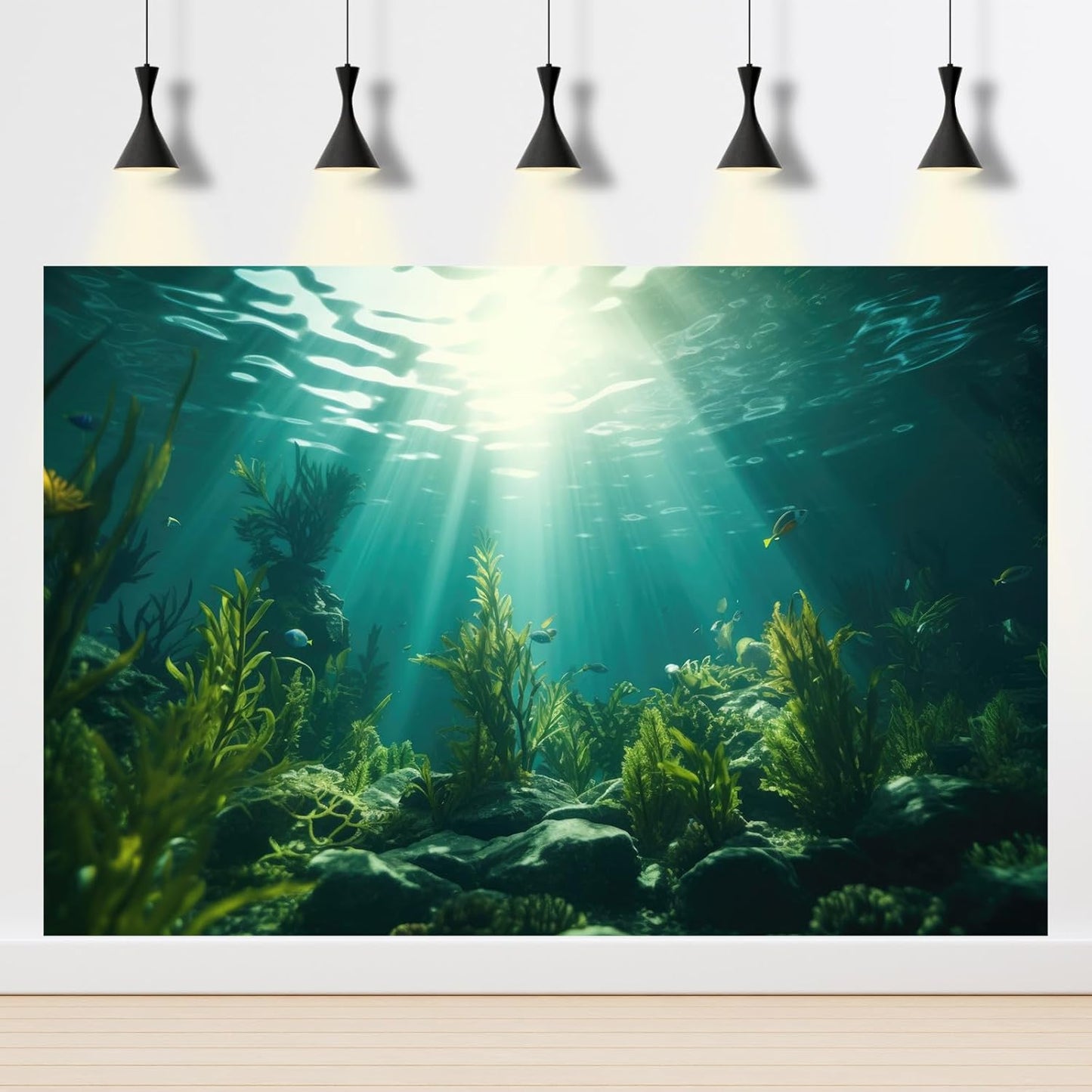 Ocean Aquarium Background Aquatic Plants with Rocks Terrarium Backdrop Sunlight Rays Deep Sea Fish Tank Background Aquarium Wallpaper Poster Decor Vinyl 24x16in