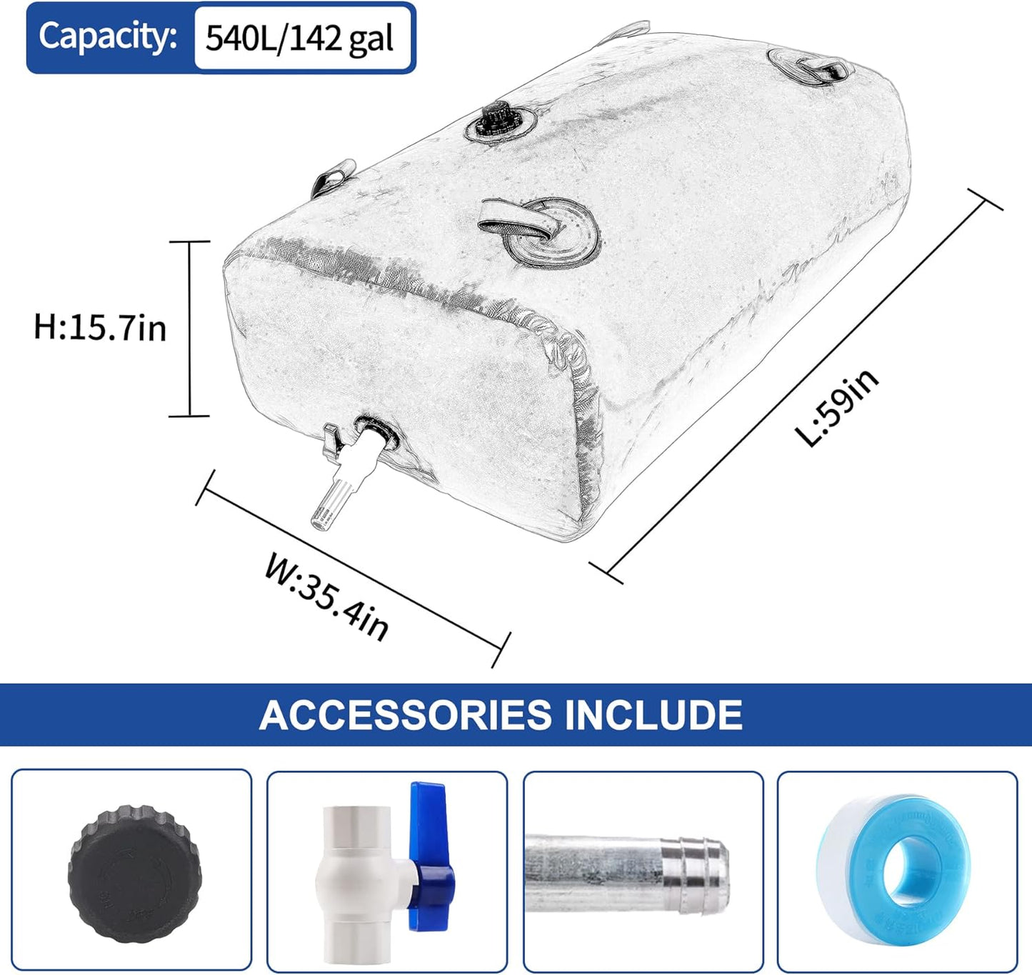 540 L/142 Gal Water Bladder Tank, Foldable Portable Water Storage Container, Emergency Water Bag for RV, Truck Bed, Fire Prevention, Drought Resistance, Blue