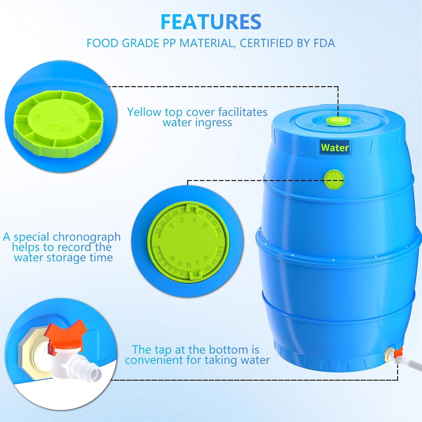 SQUEEZE master 50 Gallon Water Collection Barrel-Drinking Water Storage Barrel with Spigots-Emergency Water Supply System