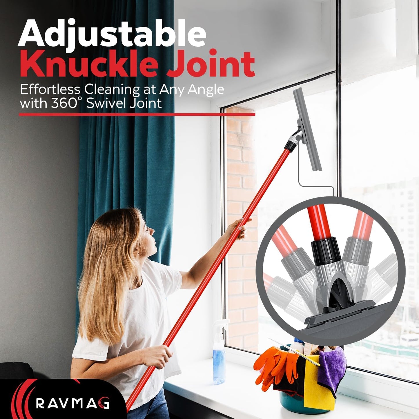 Silicone Floor Squeegee with 55-Inch Long Handle, 12-Inch Single Cast Silicone Blade, 360° Swivel Joint - Multifunction Floor Squeegee for Garage, Concrete Floor, Shower Floor, Glass Windows