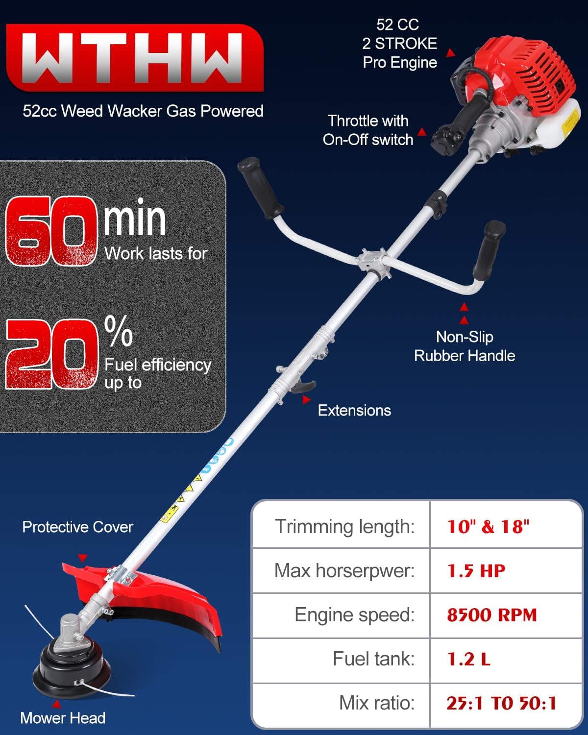 52cc Gas Powered Weed Eater and Brush Cutter 3-in-1, Heavy Duty Straight Shaft String Trimmer with Harness and 2 Heads for Tough Weeds, Grass, and Land Clearing (PT6082)