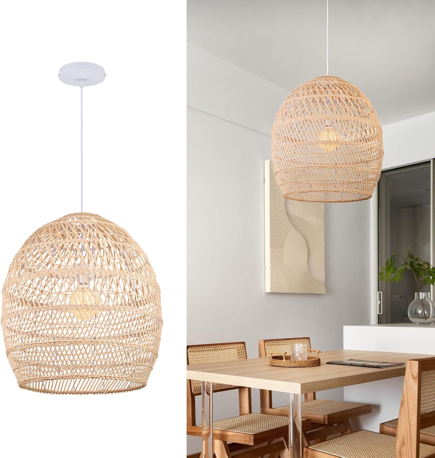 Arturesthome Boho Wicker Chandelier,W 15.7"*H 18" Rustic Rattan Basket Pendant Light Fixture Coastal,Farmhouse Hanging Lighting for Dining Table Kitchen Island Bedroom