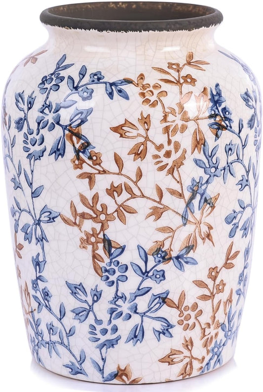 Vintage Vase for Flowers,Blue Chinoiserie Ceramic Vase,Rustic Farmhouse Cracked Vases,for Flower Arrangement,Living Room, Office, Shelf, Fireplace Tables,Centerpieces,Chinoiserie Pottery Decor(C)