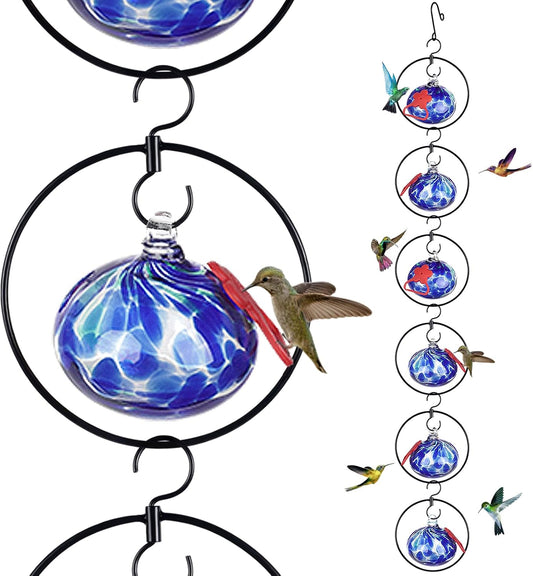 Flexible 6 Pack Hummingbird feeders for Outdoors Hanging Ant and Bee Proof,Detachable Hand Blown Glass Hummingbird Feeder with 6 Adjustable Silicone Perch(Dotted Blue)