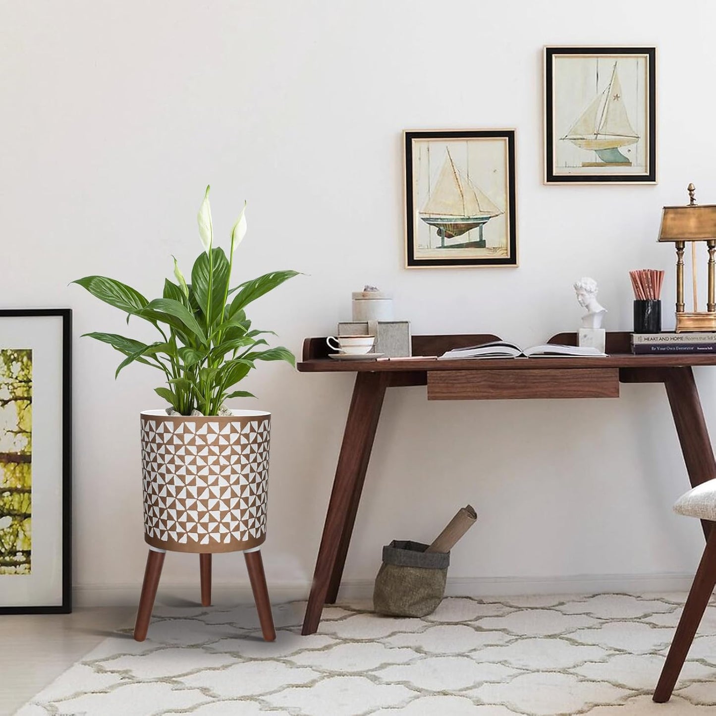 10 Inches Plant Pots with Wood Stand Large Modern Standing Planters for Indoor Mid Century Flower Pot with Drainage Holes Big White & Gold Planters for Living Room, Office, Garden or Balcony