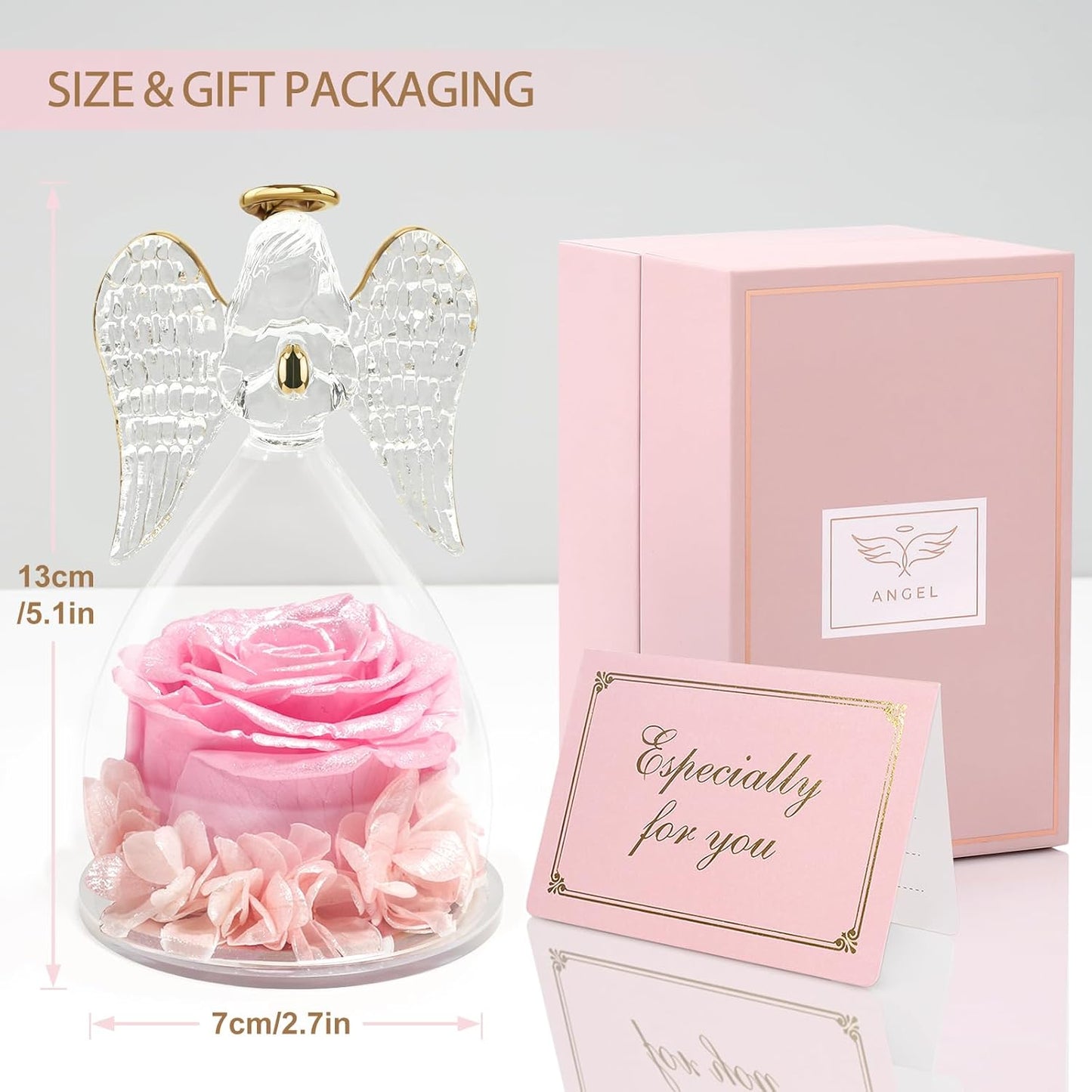 Yamonic Mom Birthday Gifts for Mom, Glass Angel Figurines with Real Rose Gifts for Moms Grandma, Preserved Flowers Real Rose Mothers Day Birthday Valentine’s Day Angel Gifts for Women Her(Pearl Pink)