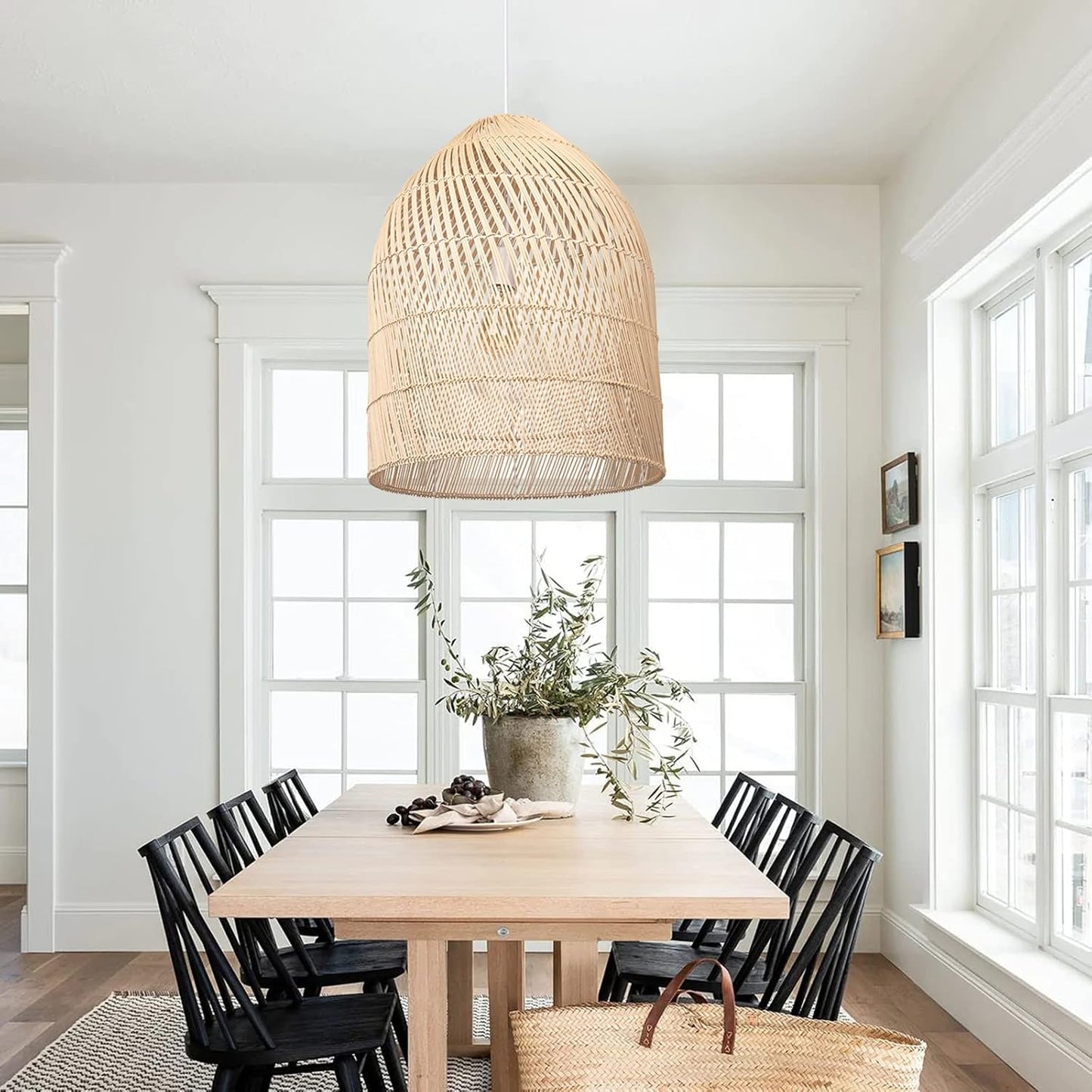 Arturesthome 1 Light Wicker Bell Pendant Lamp, Design Basket Rattan Woven Pendant Light Shades, Handmade Hanging Ceiling Lights Crafts Lampshade 16.5"*20.8"