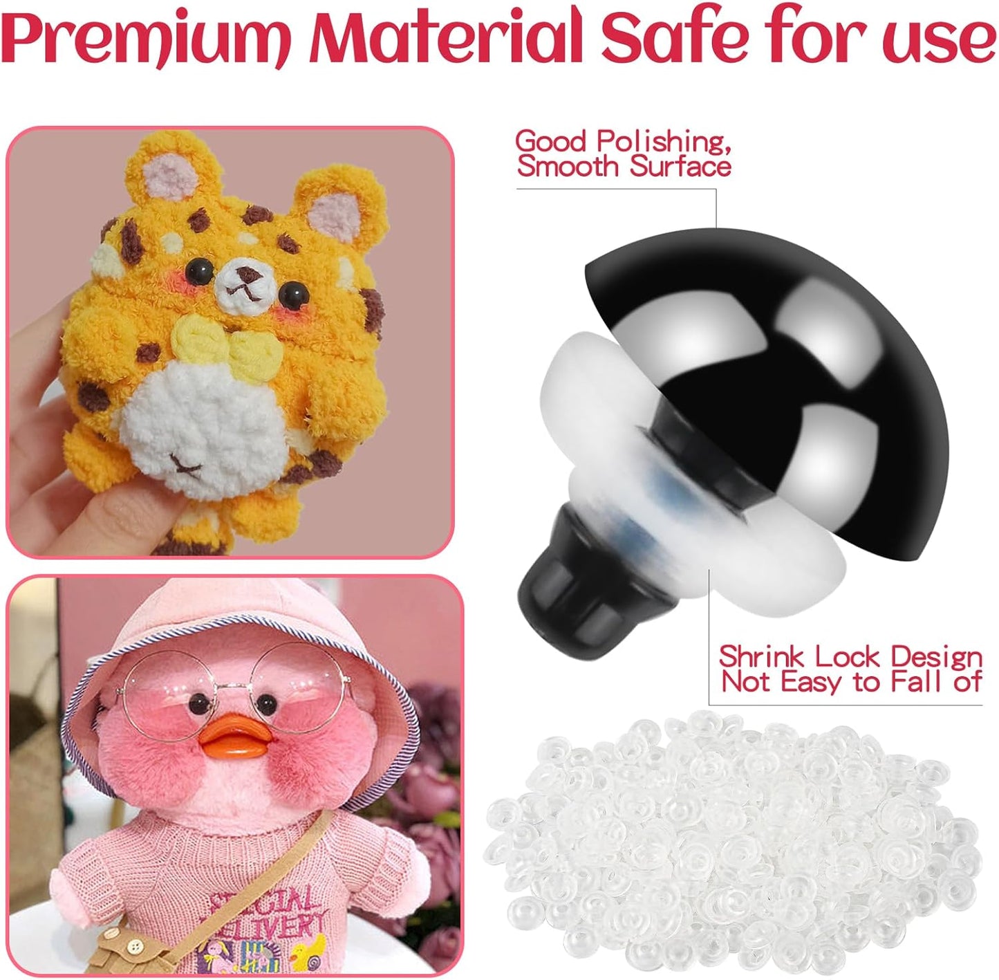 1000 Pcs 6-14mm Safety Eyes and Noses for Crochet, Black Plastic Safety Eyes with Washers, Craft Doll Eyes for Stuffed Animals, DIY Accessories, Assorted Sizes