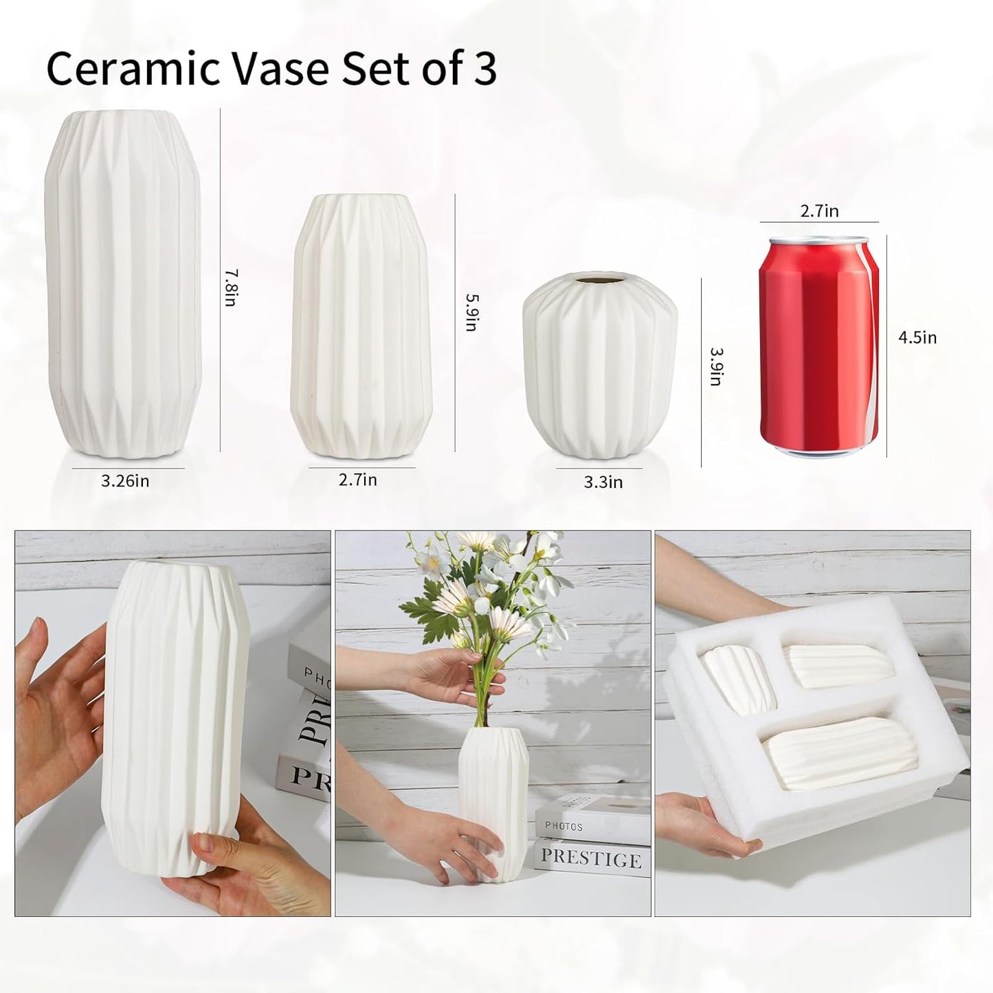 Ceramic Vase Set of 3, White Vase for Modern Home Decor, Decorative Vases for Bouquet Pampas Grass Dried Flowers, Living Room, Bedroom, Bathroom, Shelf Centerpiece Table Decorations
