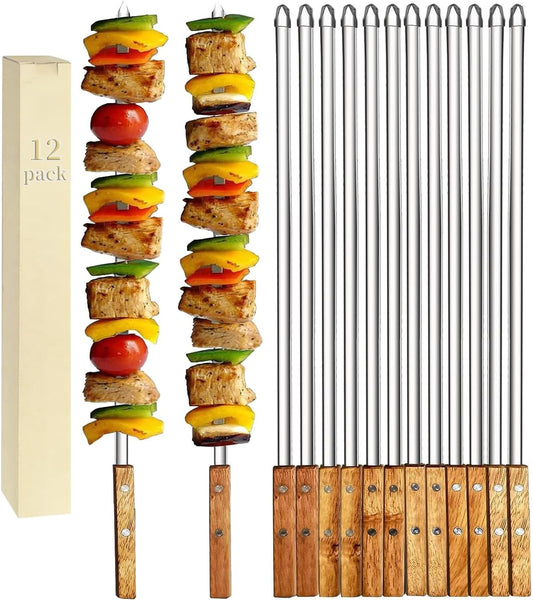 12 Pack Kebab Skewers 22 Inch Stainless Steel Grilling BBQ Skewer Reusable Barbecue Skewers Flat Stick with Wood Handle,Ideal for Koubideh Brazilian Chicken Shrimp Turkish Shish Kabob