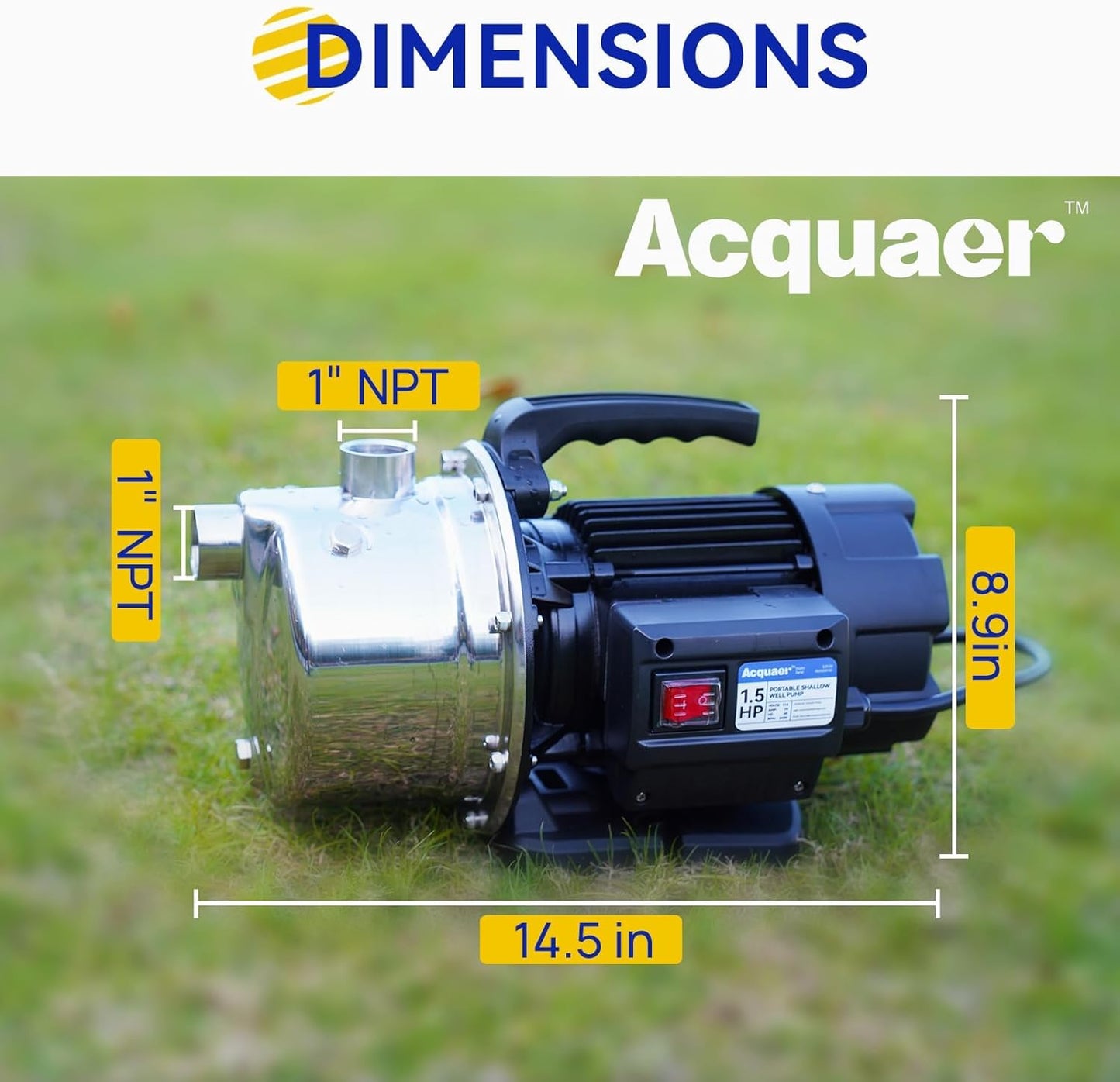 Acquaer 1.5 HP Portable Shallow Well Pump Garden Pump, Stainless Steel, 1210 GPH, 115V Sprinkler Water Transfer Draining Irrigation for Water Removal and Lawn Garden