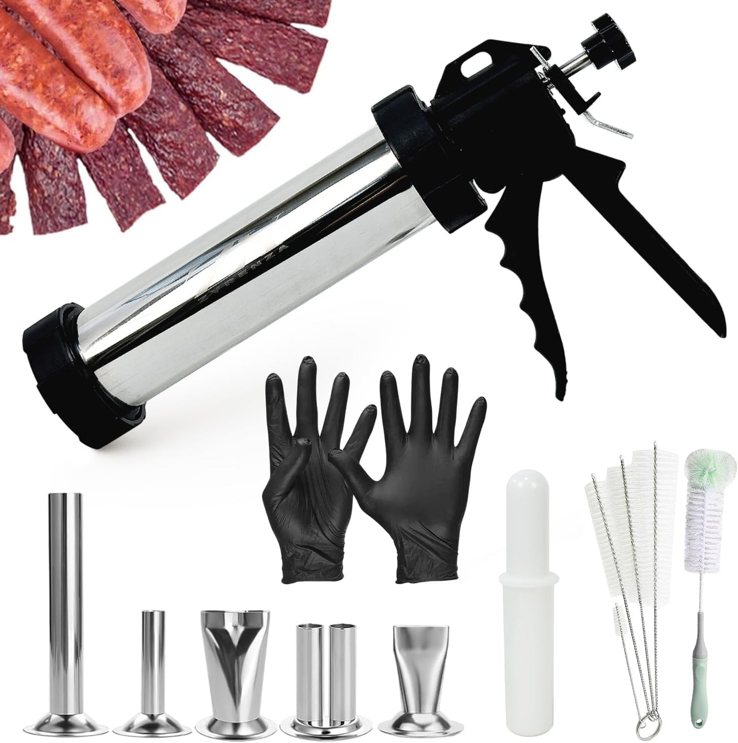 Professional Jerky Gun Kit – Stainless Steel Beef Meat Maker Machine with 5 Nozzles, 1 Meat Pusher, 5 Cleaning Brushes (2 Sets), Sausage Shooter Accessories & Bonus Pair of Gloves