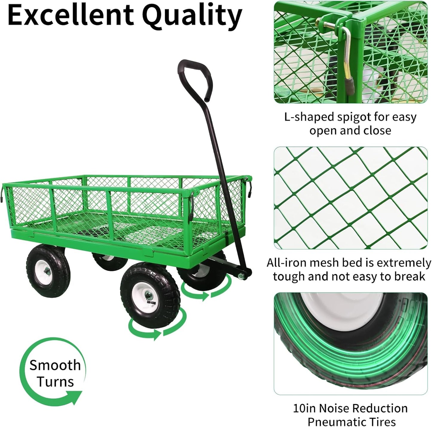 AAIN 600 lbs Metal Garden Cart,Heavy Duty Garden Wagon with Removable Steel Mesh Sides, Utility Yard Cart with 180° Rotating Handle and 10-inch Wheels—Perfect for Gardens, Farms, and Yards, Green