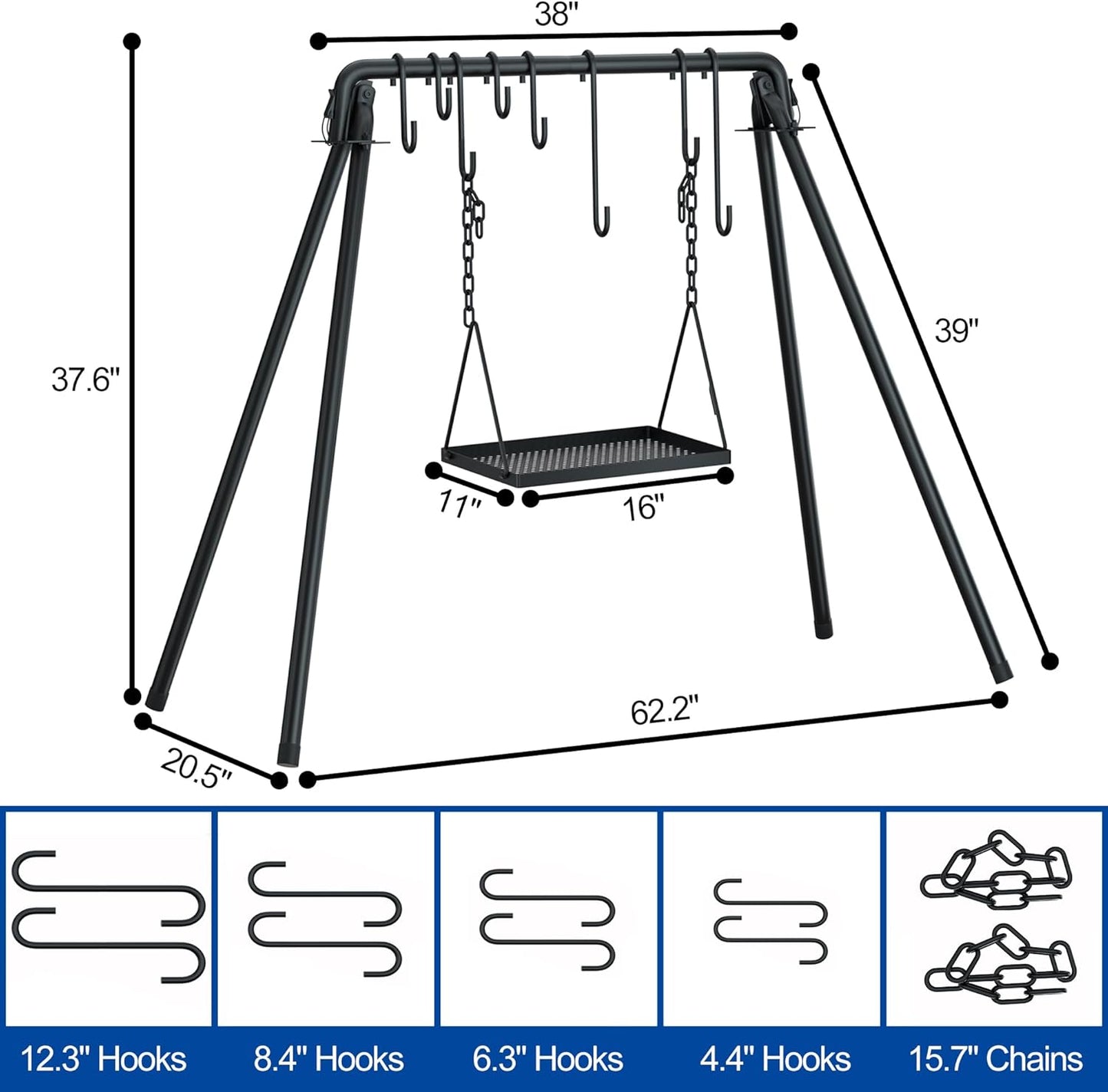 RELIANCER Grill Swing,Campfire Grill Cooking Stand w/8 Hooks & Storage Bag,Cast Iron BBQ Party Swing Grilling Cooking Rack,Outdoor Picnic Camping Cookware Hanging Rack,Collapsible Bonfire Barbecue Set